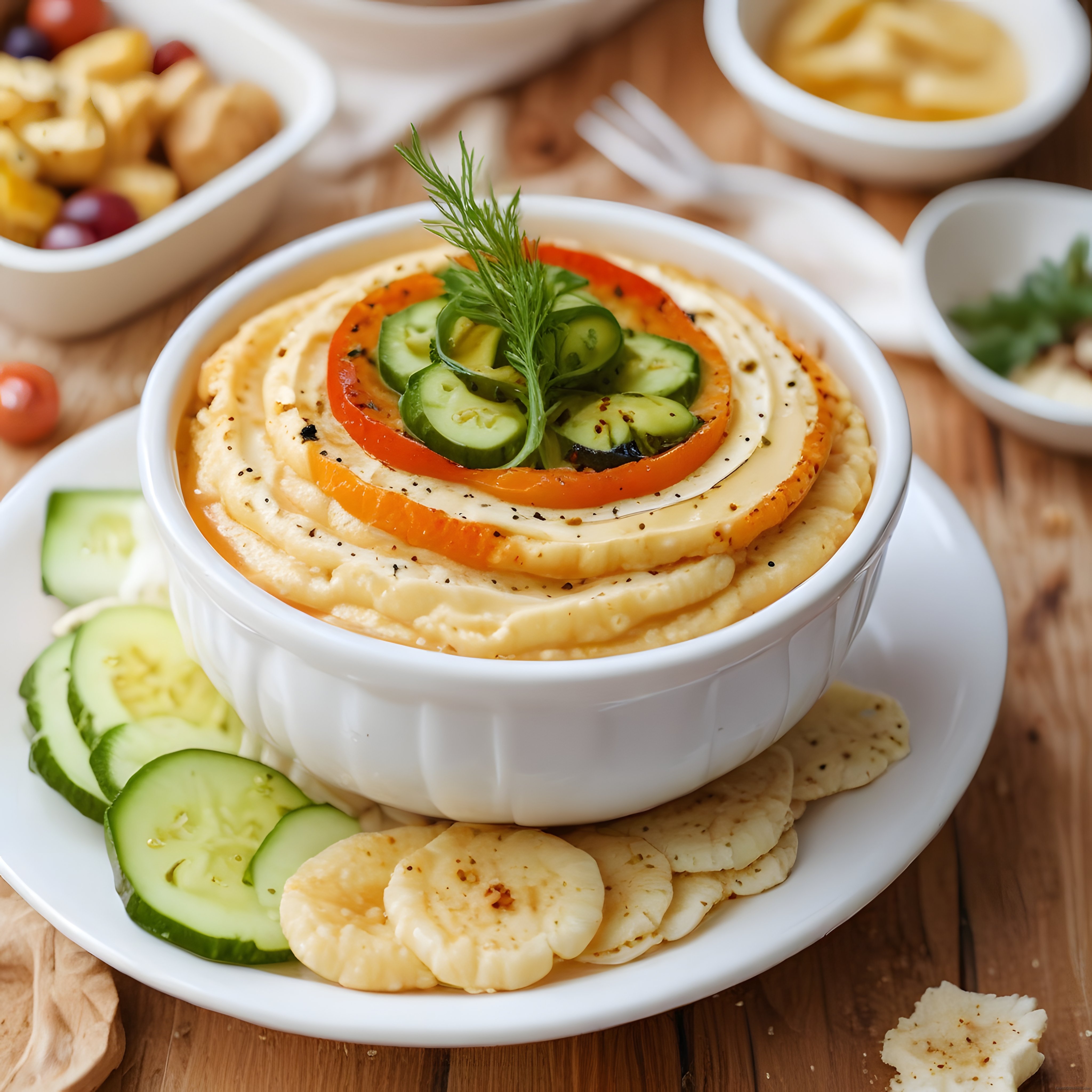 Taze Sebzelerle Süslenmiş Krem Humus Sunumu ve Ev Yapımı Meze Tabağı