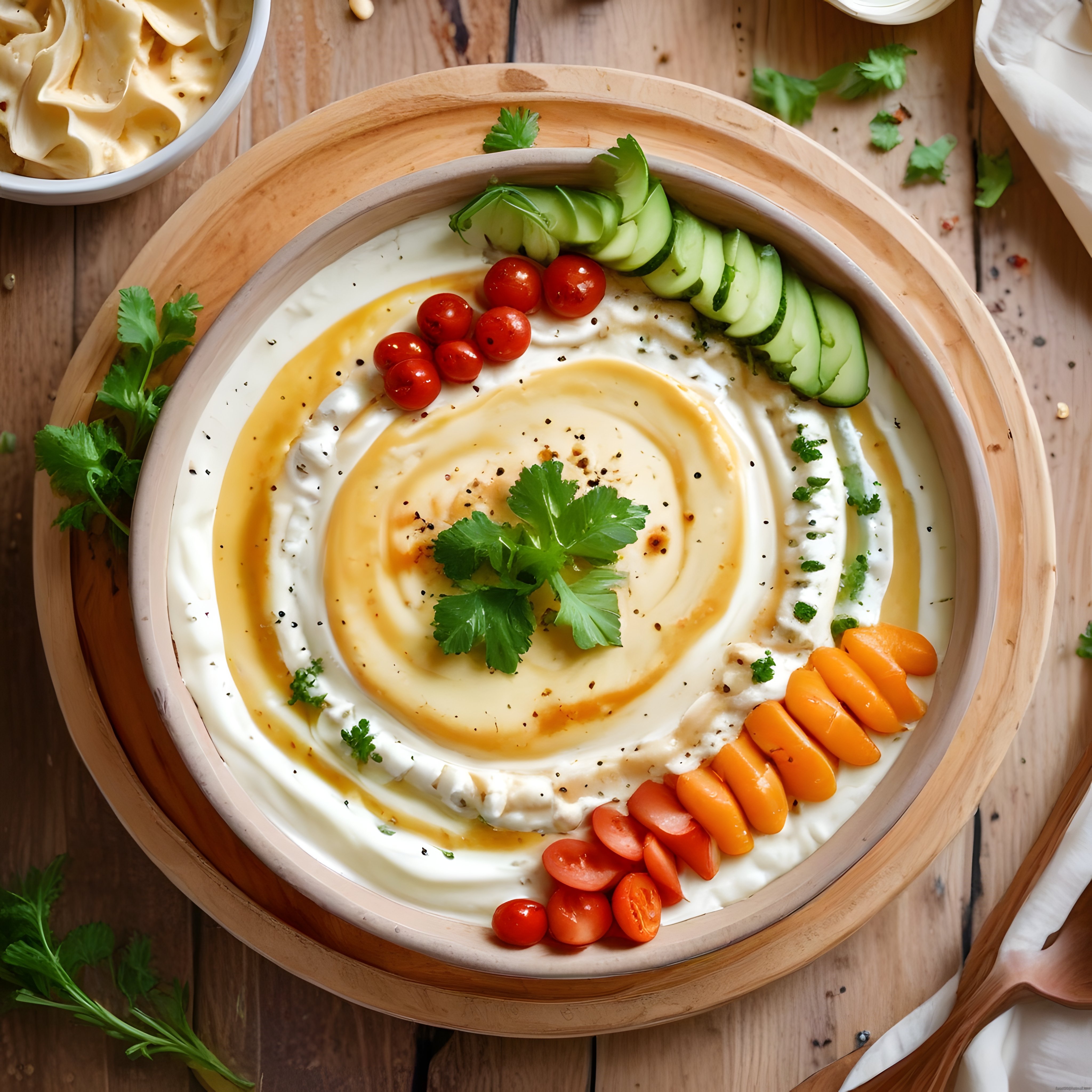 Taze Sebzelerle Süslenmiş Kremalı Meze Kasesi: Sağlıklı ve Lezzetli Sunum