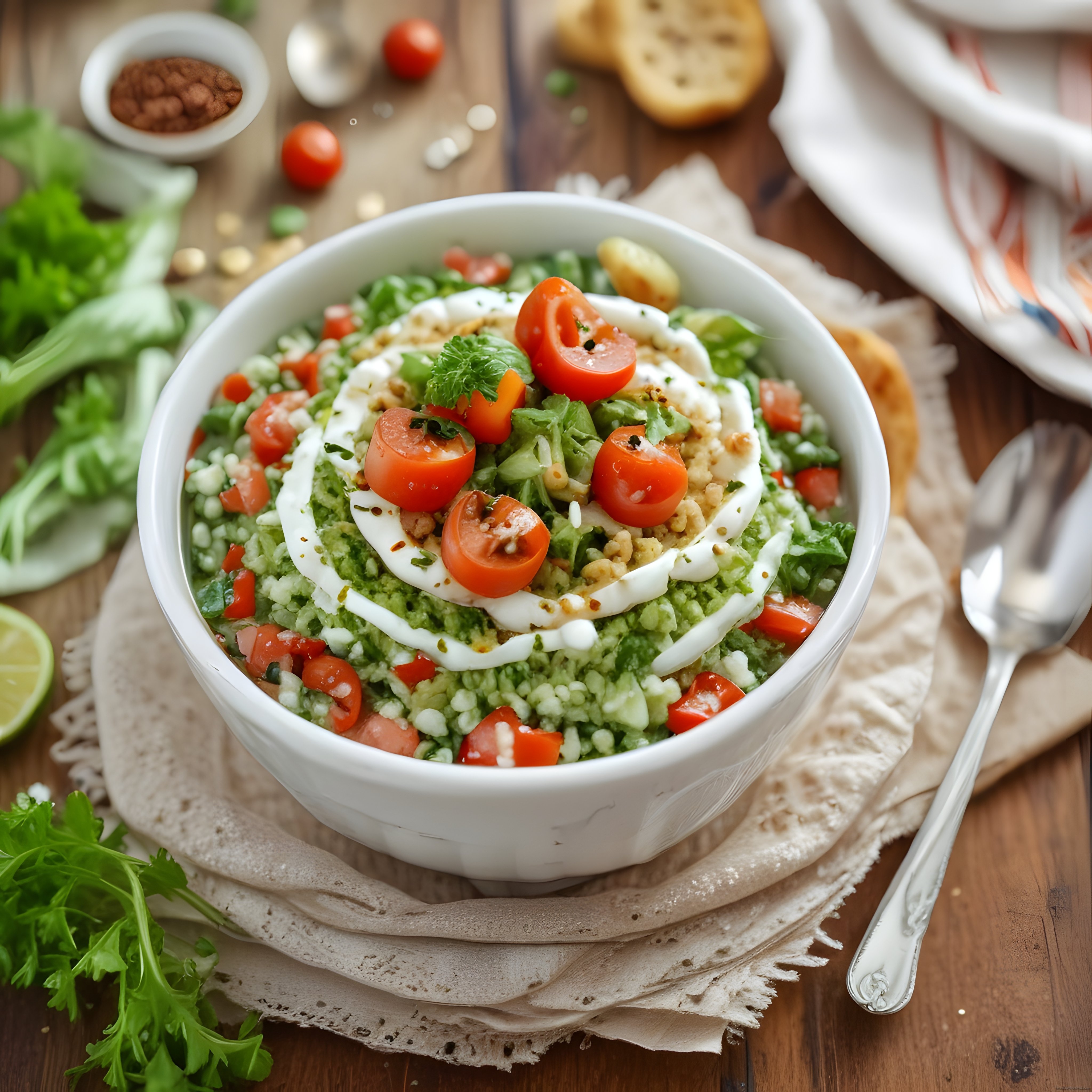 Taze Sebzelerle Süslenmiş Kuskus Salatası ve Yoğurt Soslu Sağlıklı Bowl Tarifi