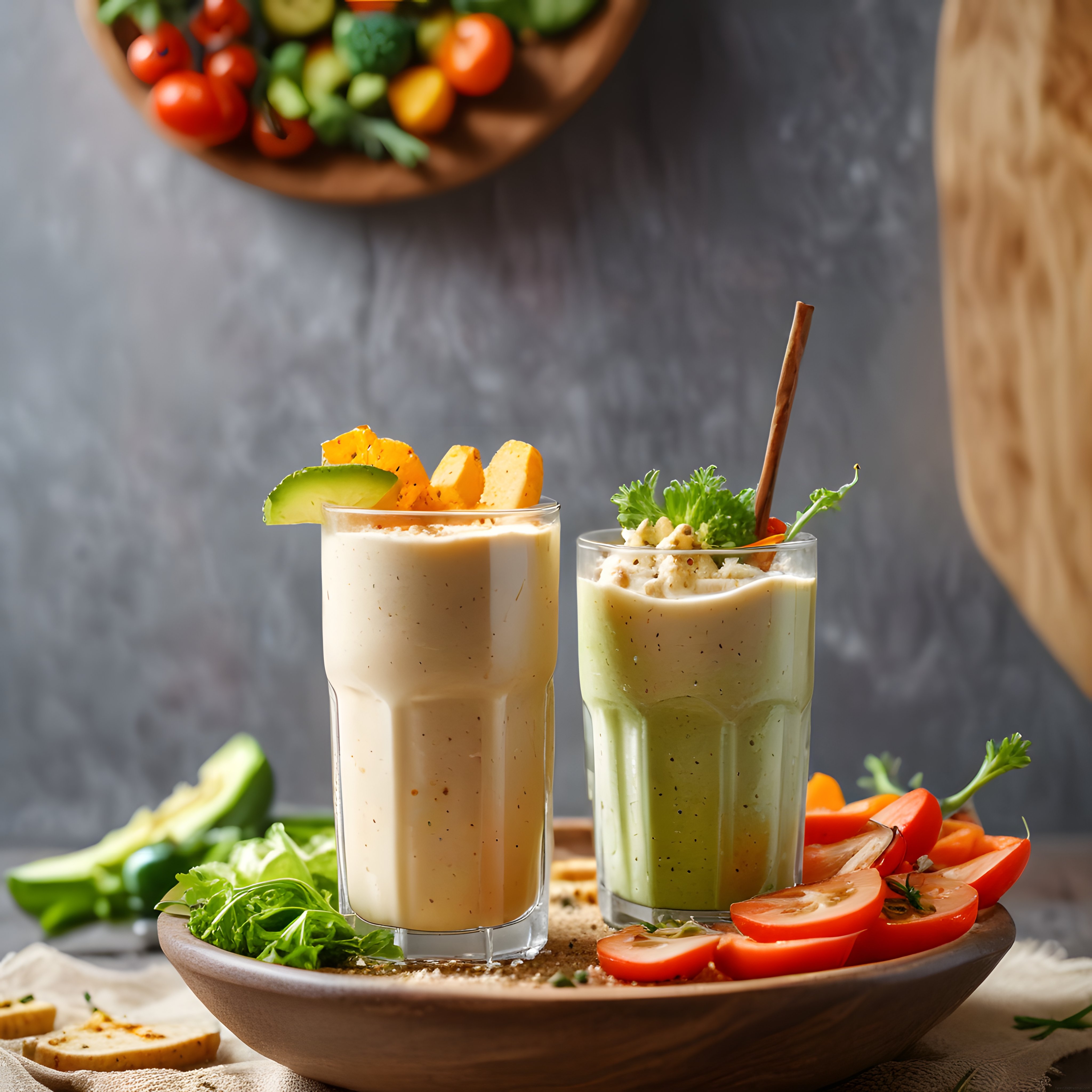 Taze Sebzelerle Süslenmiş Sağlıklı Smoothie ve Detoks İçecek Sunumu
