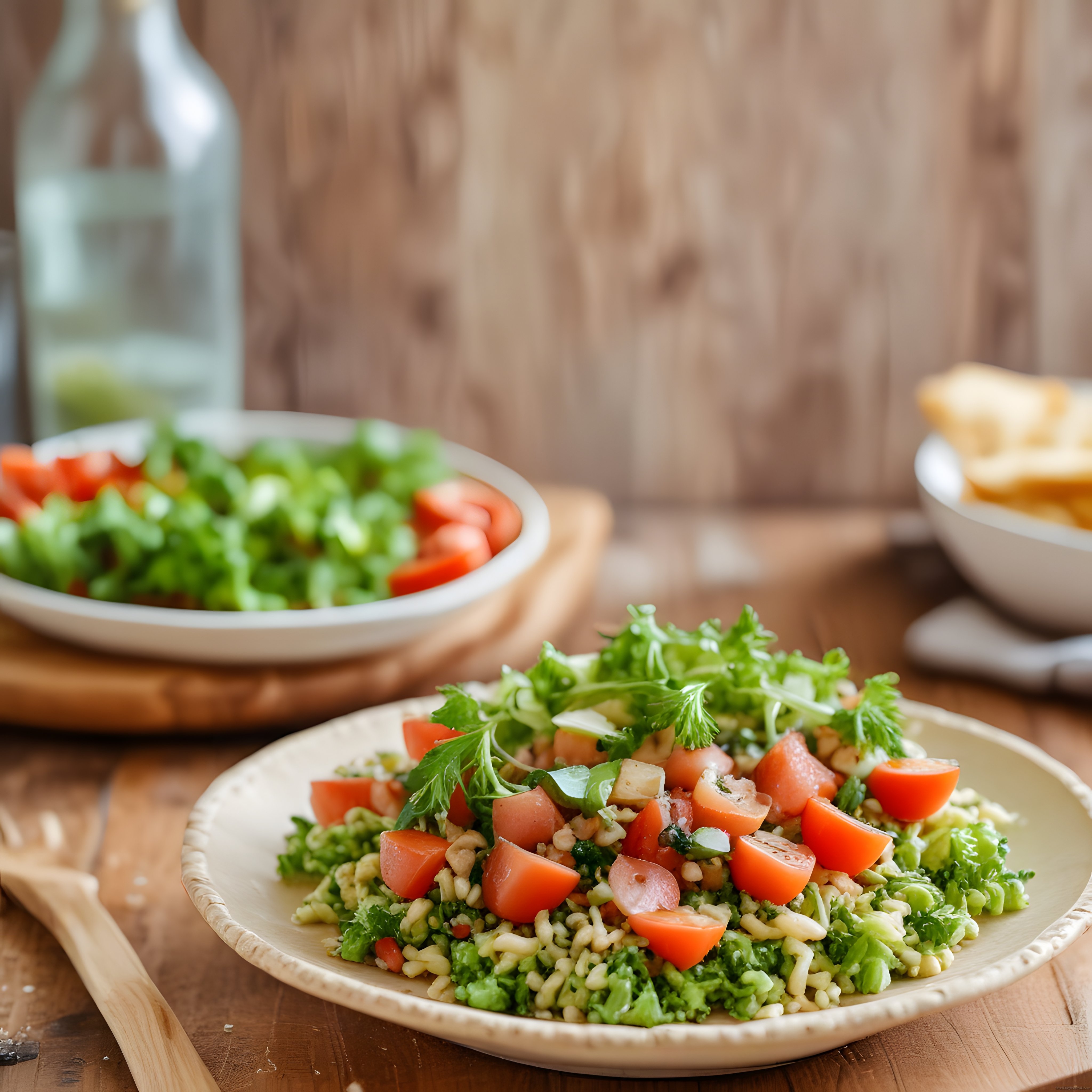 Taze Sebzelerle Süslenmiş Yeşil Pirinç Salatası ve Rustik Masa Sunumu