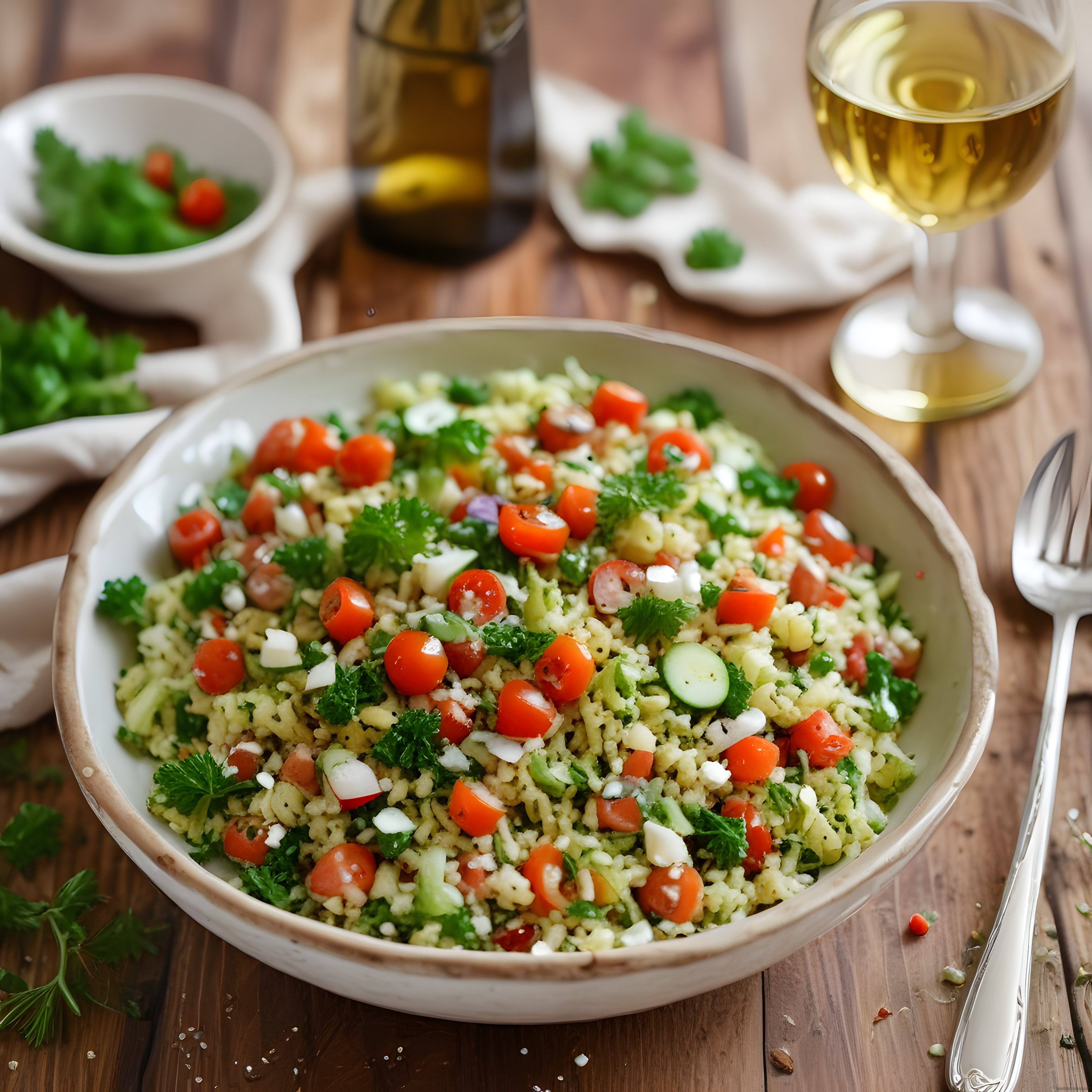 Taze Sebzeli Bulgur Salatası: Akdeniz Tarifi ve Beyaz Şarap Sunumu