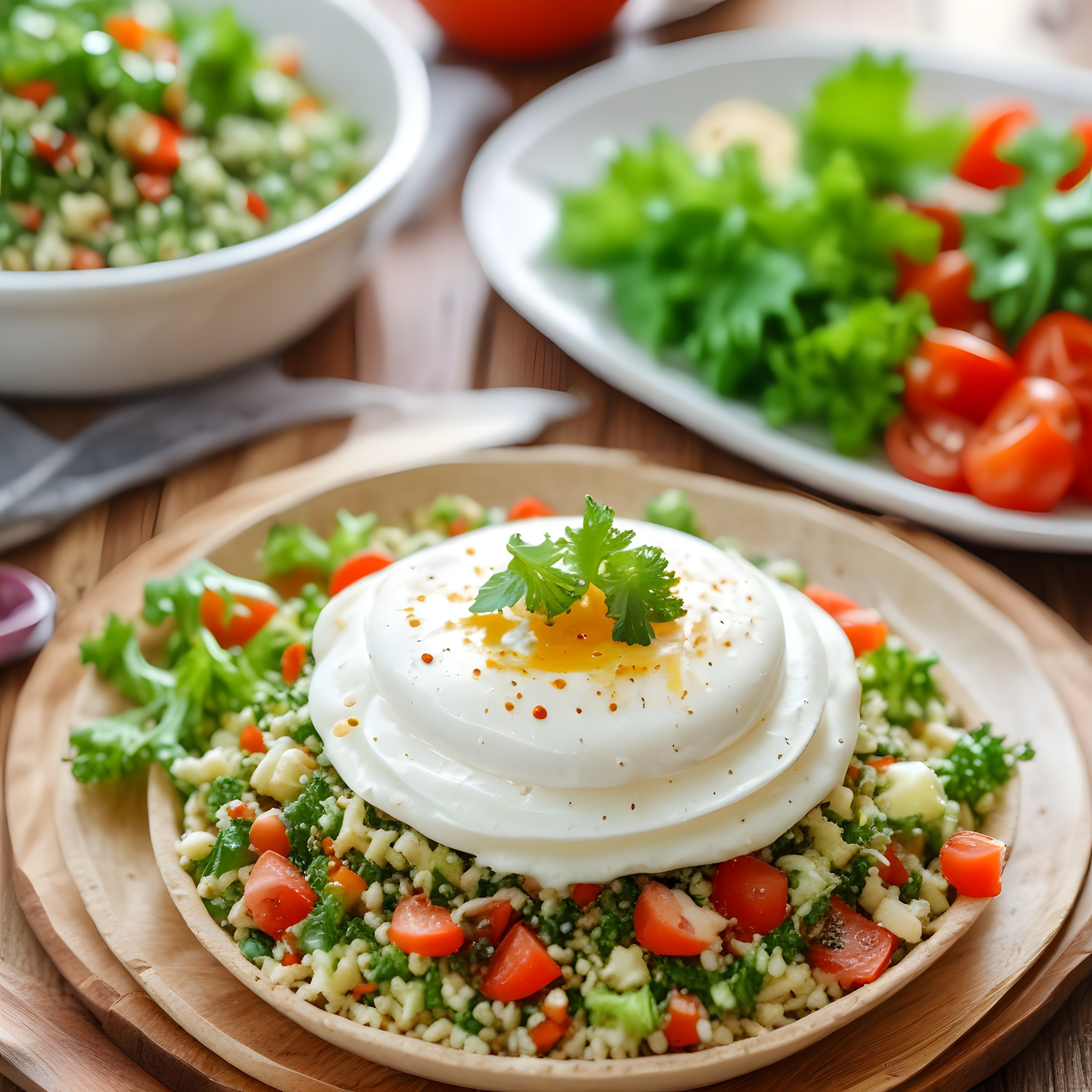 Taze Sebzeli Bulgur Salatası Üzerinde Kremsi Peynir ve Zeytinyağı Sos