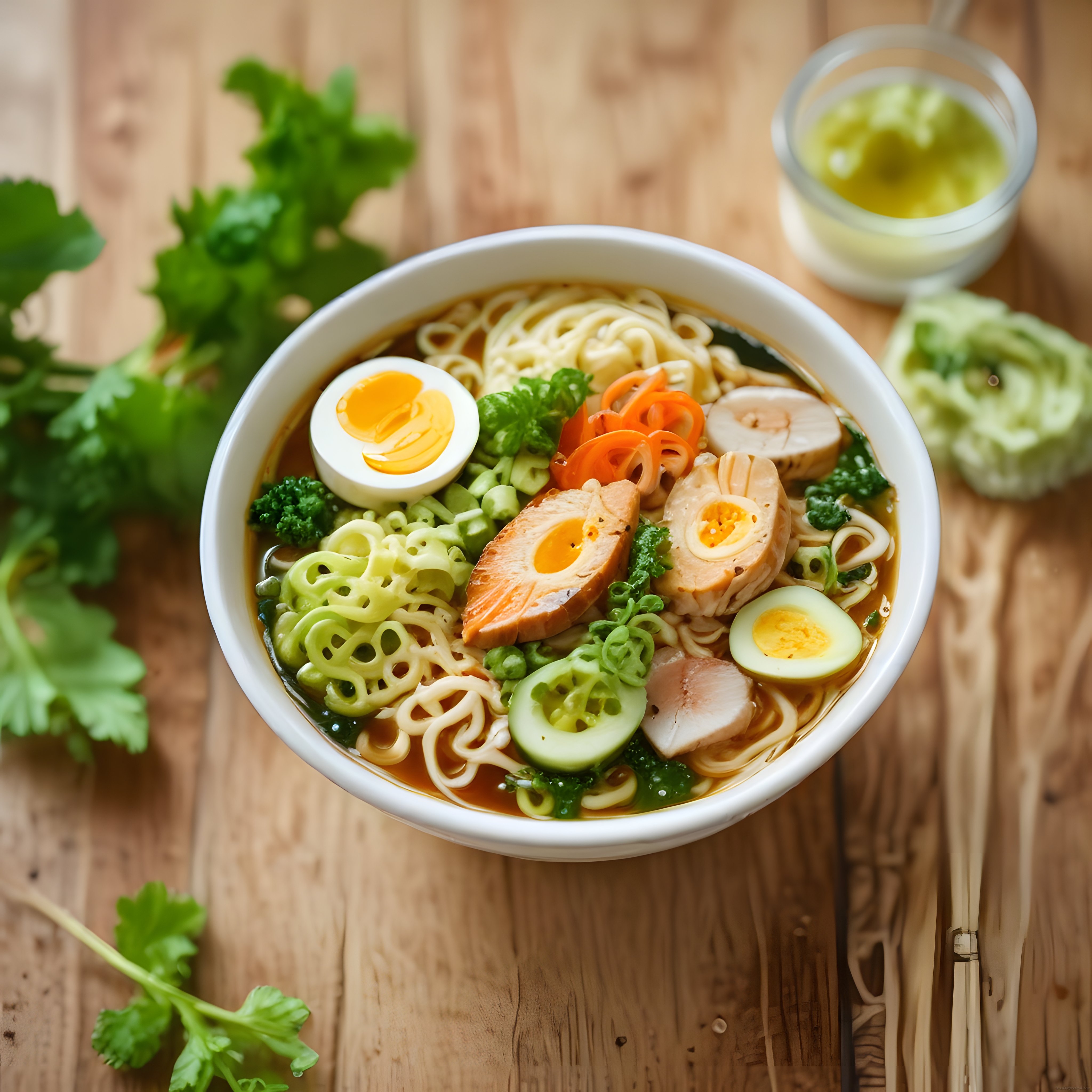 Taze Sebzeli Haşlanmış Yumurtalı Asya Noodle Çorbası Ahşap Masada Üstten Çekim