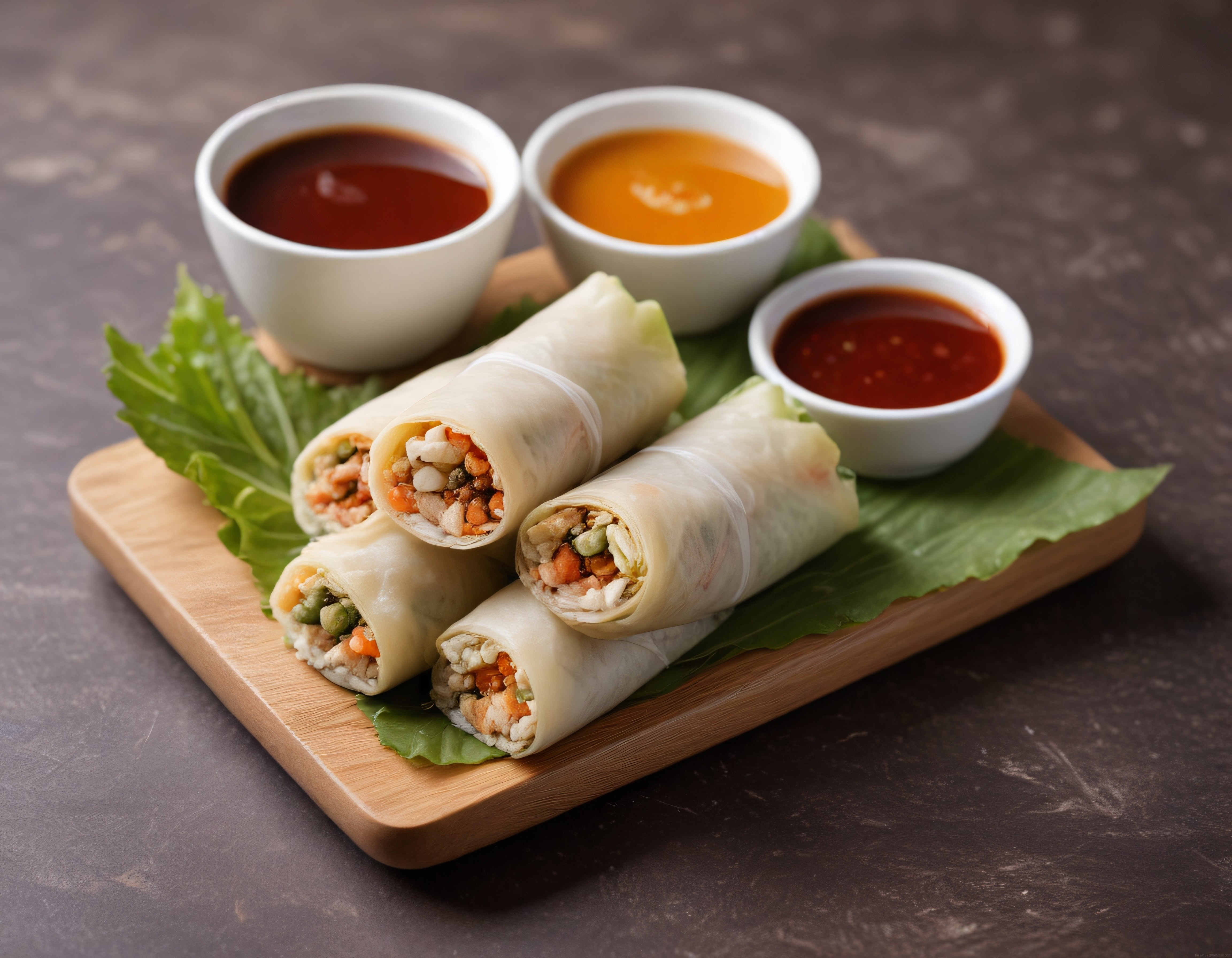 Taze sebzeli tavuklu Vietnam spring roll'ları ve üç çeşit dip sos sunumu