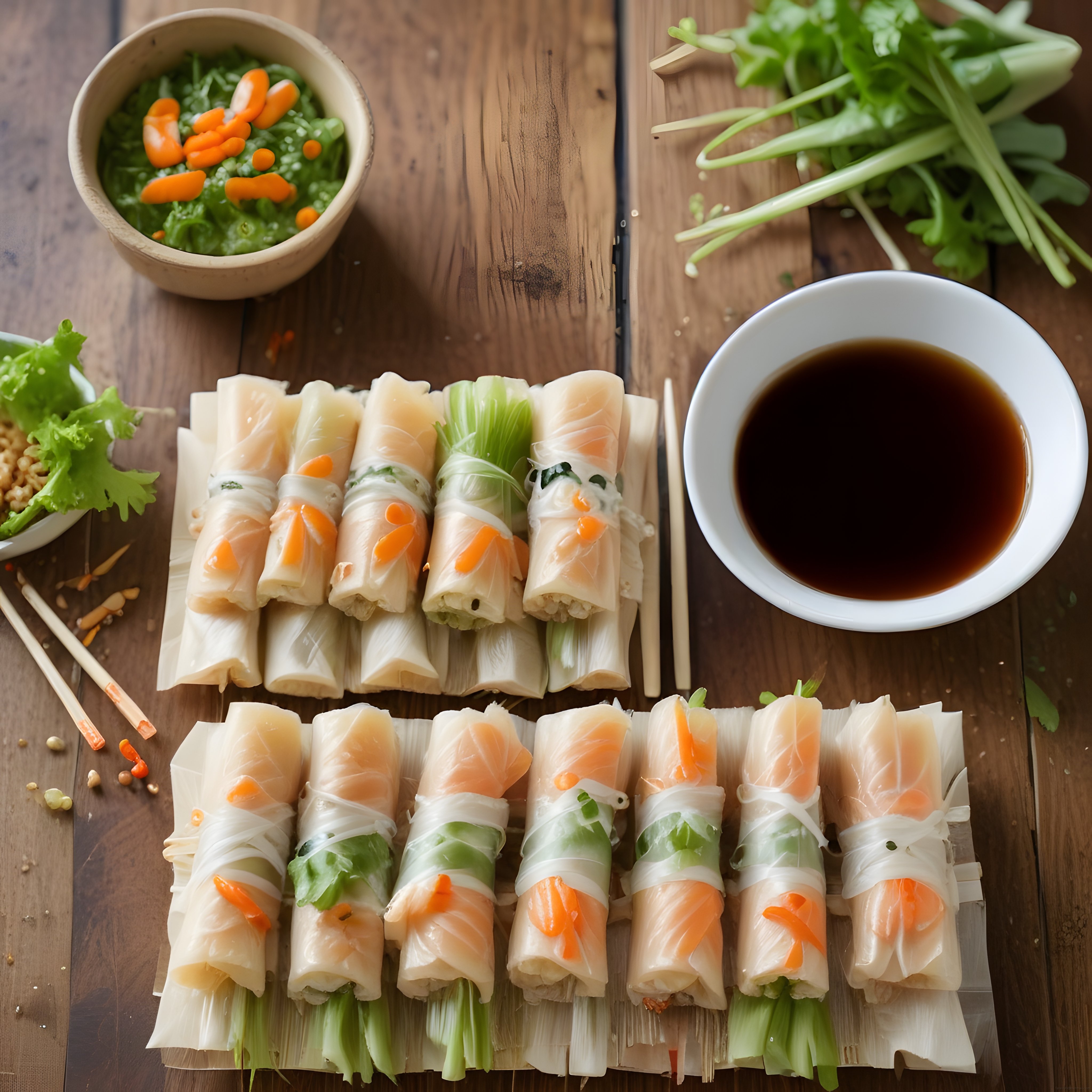 Taze Sebzeli Vietnam Spring Roll'ları Dip Sos ve Yeşilliklerle Sunum