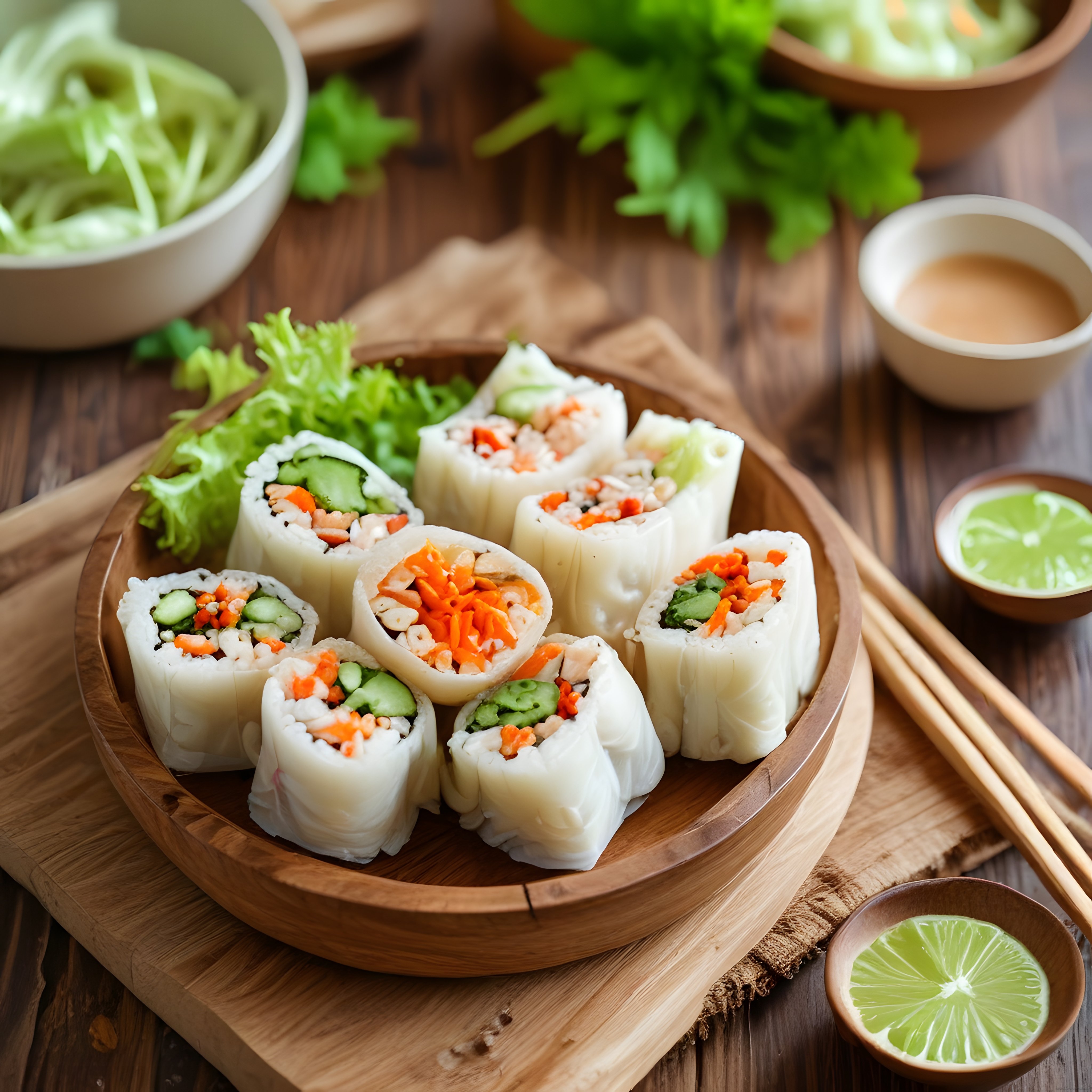 Taze Sebzeli Vietnam Yaz Ruloları Fıstık Sosu ve Limon ile Sunum