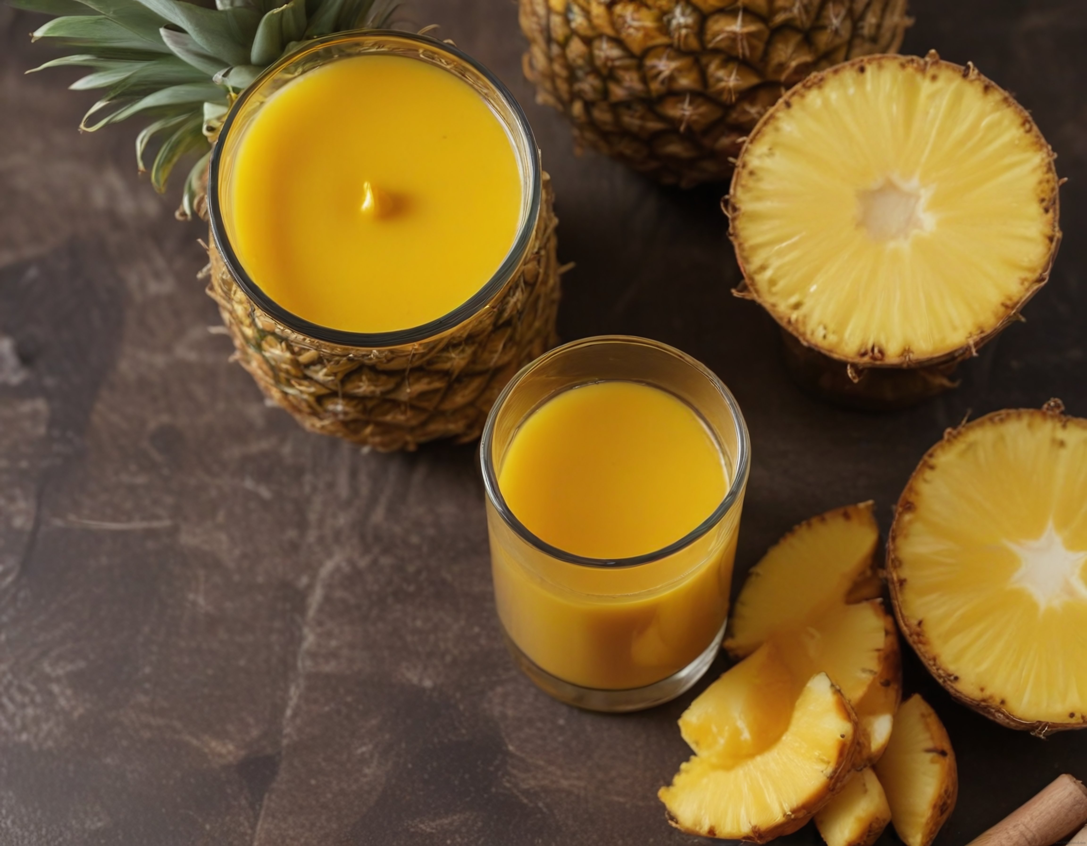 Taze Sıkılmış Ananas Suyu ve Doğal Meyve Dilimleri ile Sağlıklı İçecek Sunumu