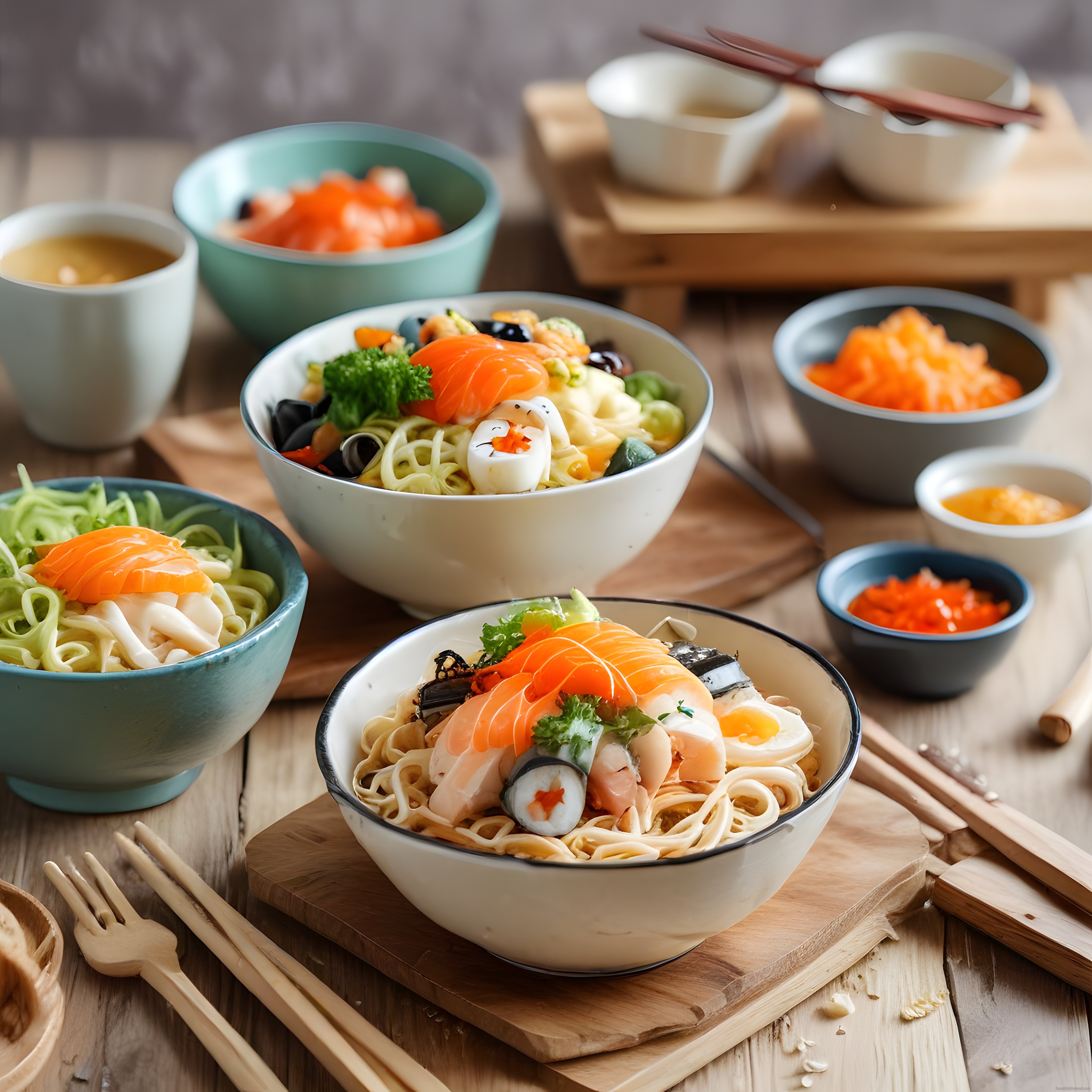 Taze Somon Dilimleri ve Suşi ile Süslenmiş Premium Noodle Kasesi