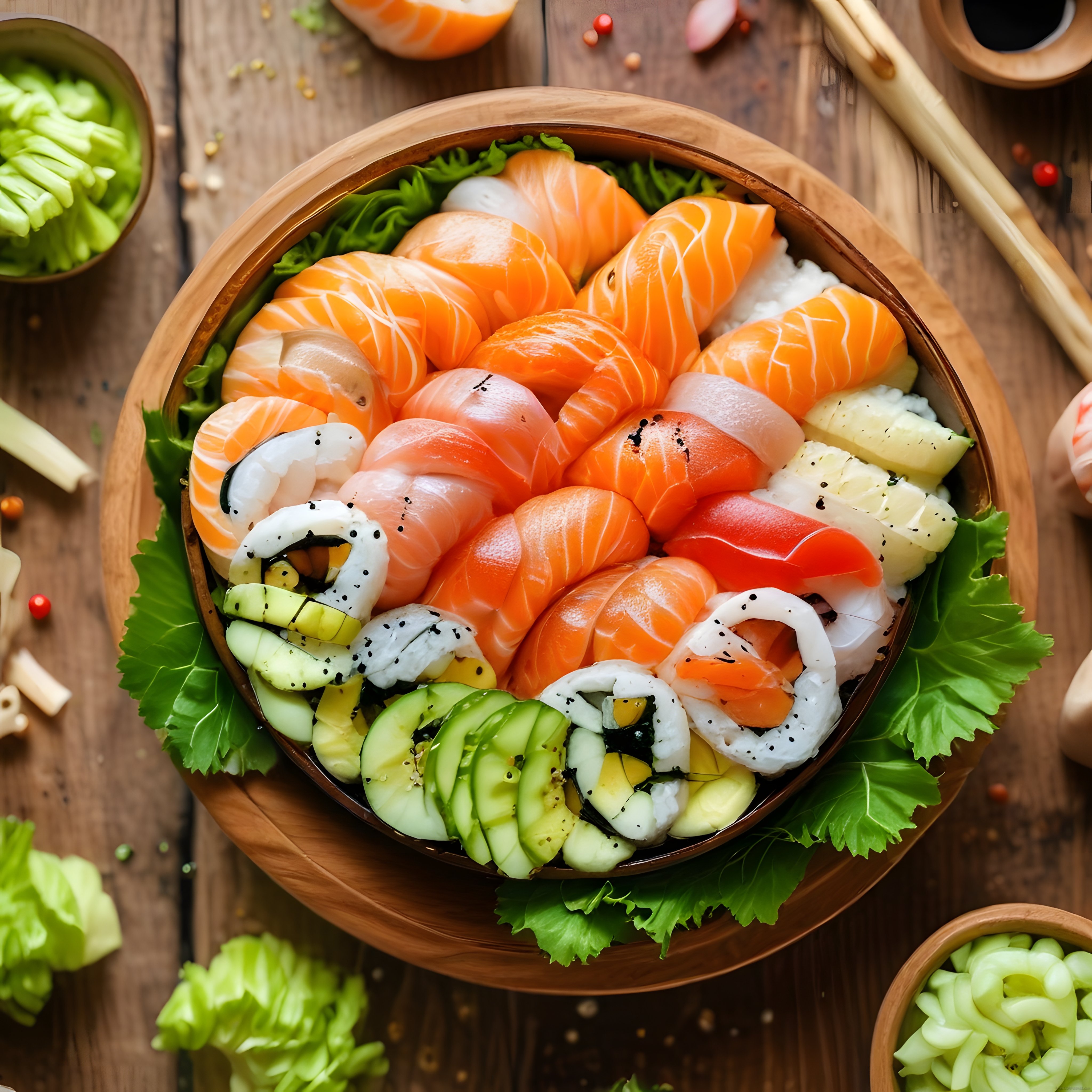 Taze Somon, Karides ve Avokadolu Sushi Çeşitleri ile Ahşap Kase Sunumu