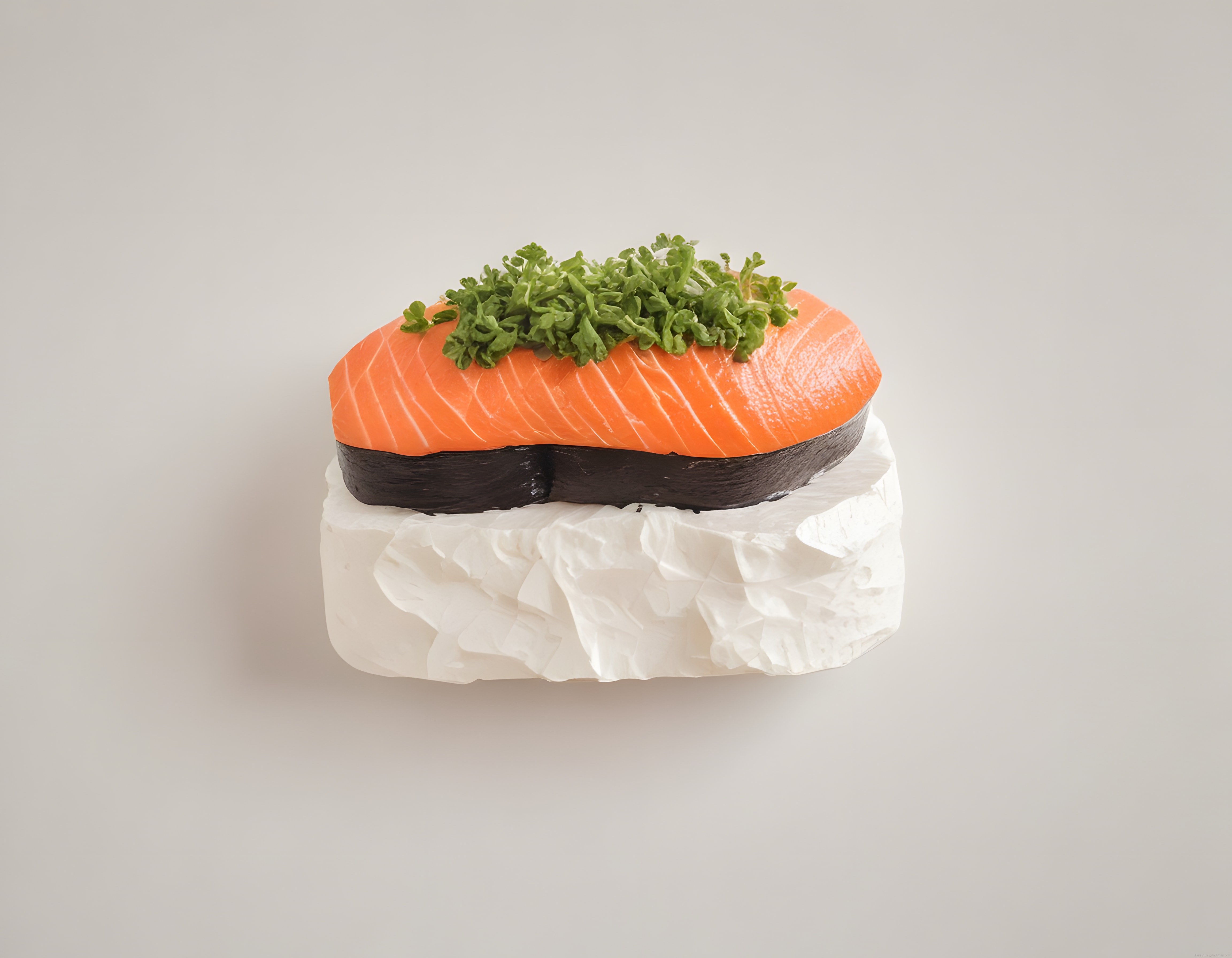 Taze Somon Nigiri Sushi: Üzerinde Yeşil Süsleme ve Minimalist Sunum