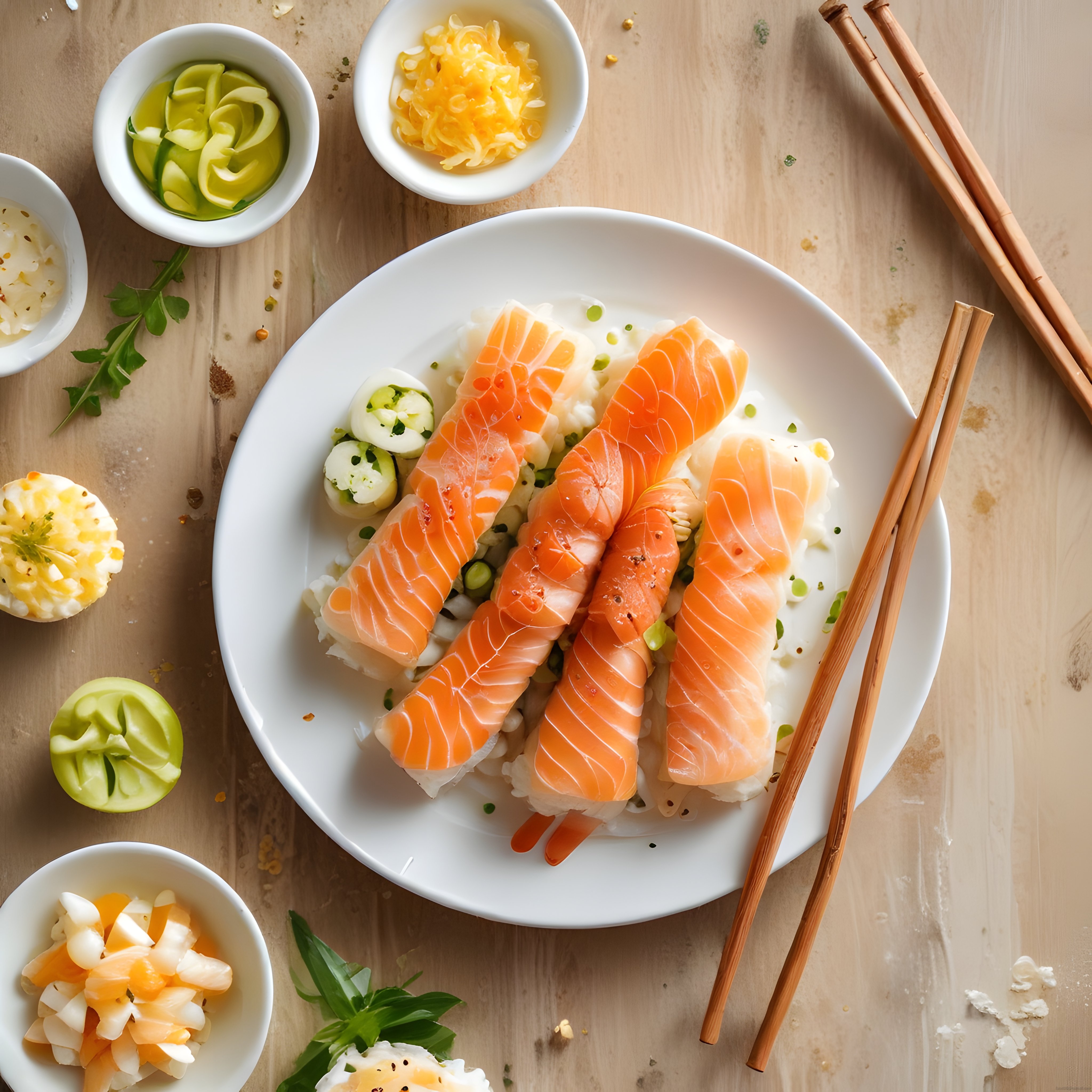 Taze Somon Nigiri Sushi, Wasabi Zencefil ve Geleneksel Japon Mutfağı Sunumu