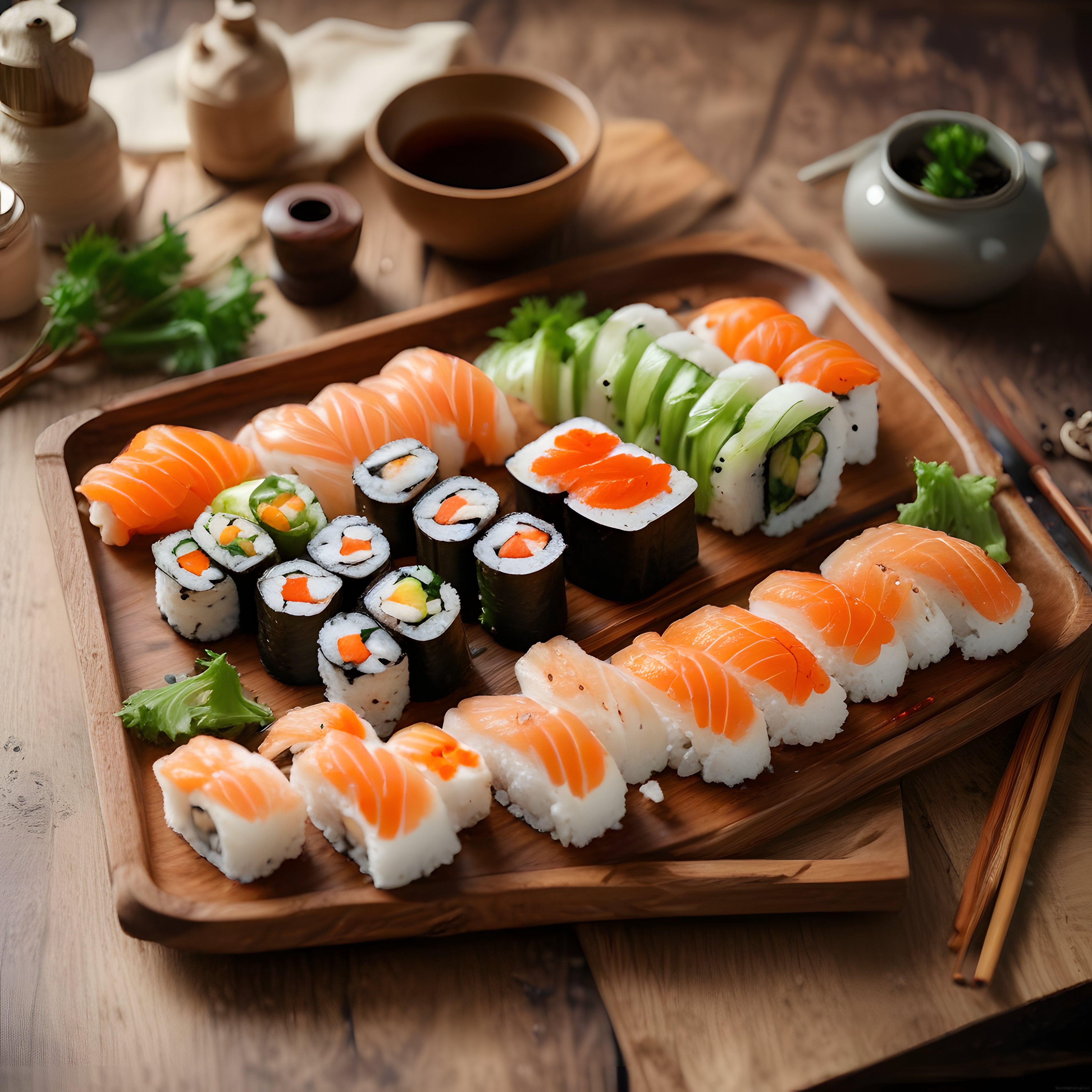 Taze Somon Nigiri ve Çeşitli Sushi Çeşitleriyle Japon Mutfağı Sunumu