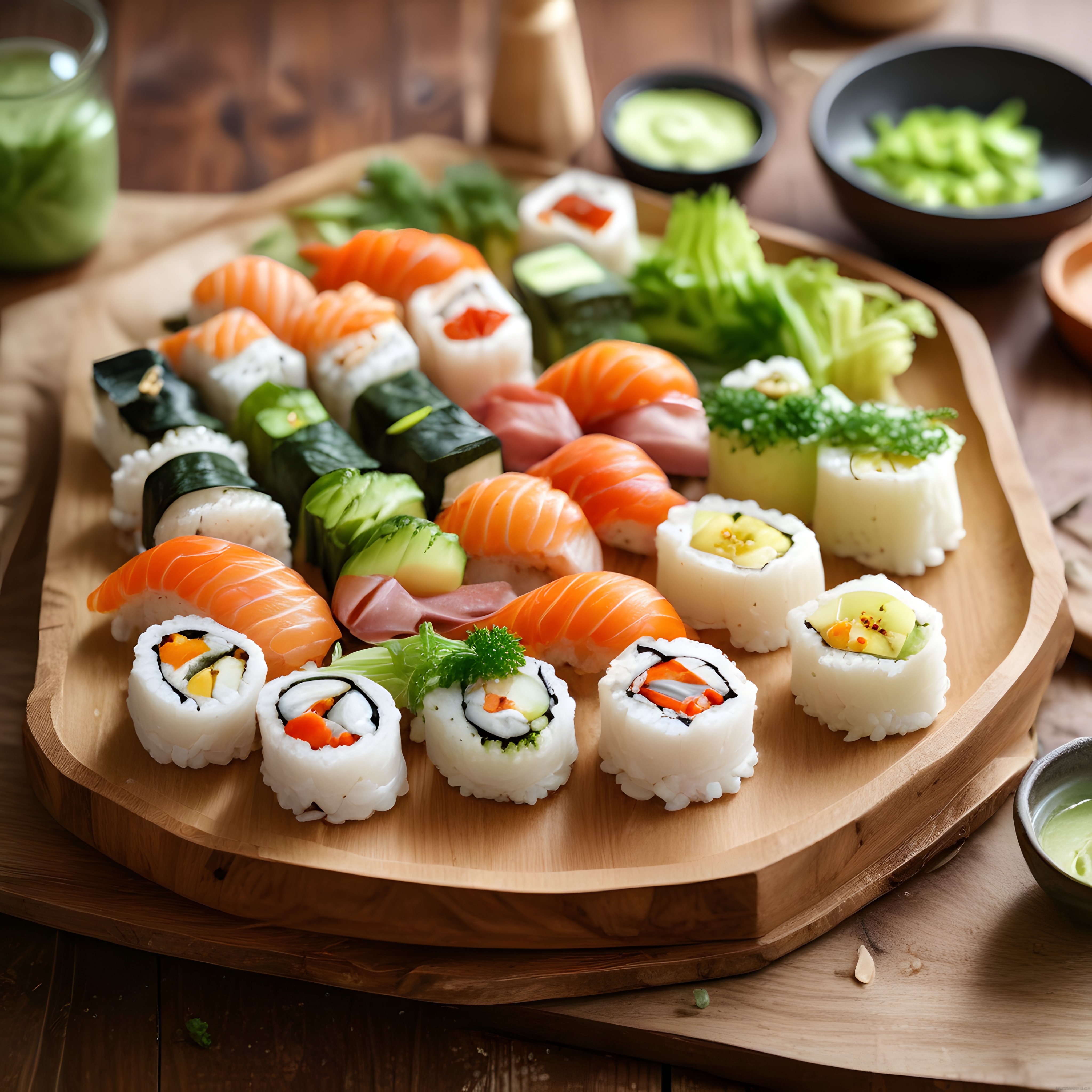 Taze Somon Nigiri ve Çeşitli Sushi Çeşitleriyle Japon Mutfağı Sunumu