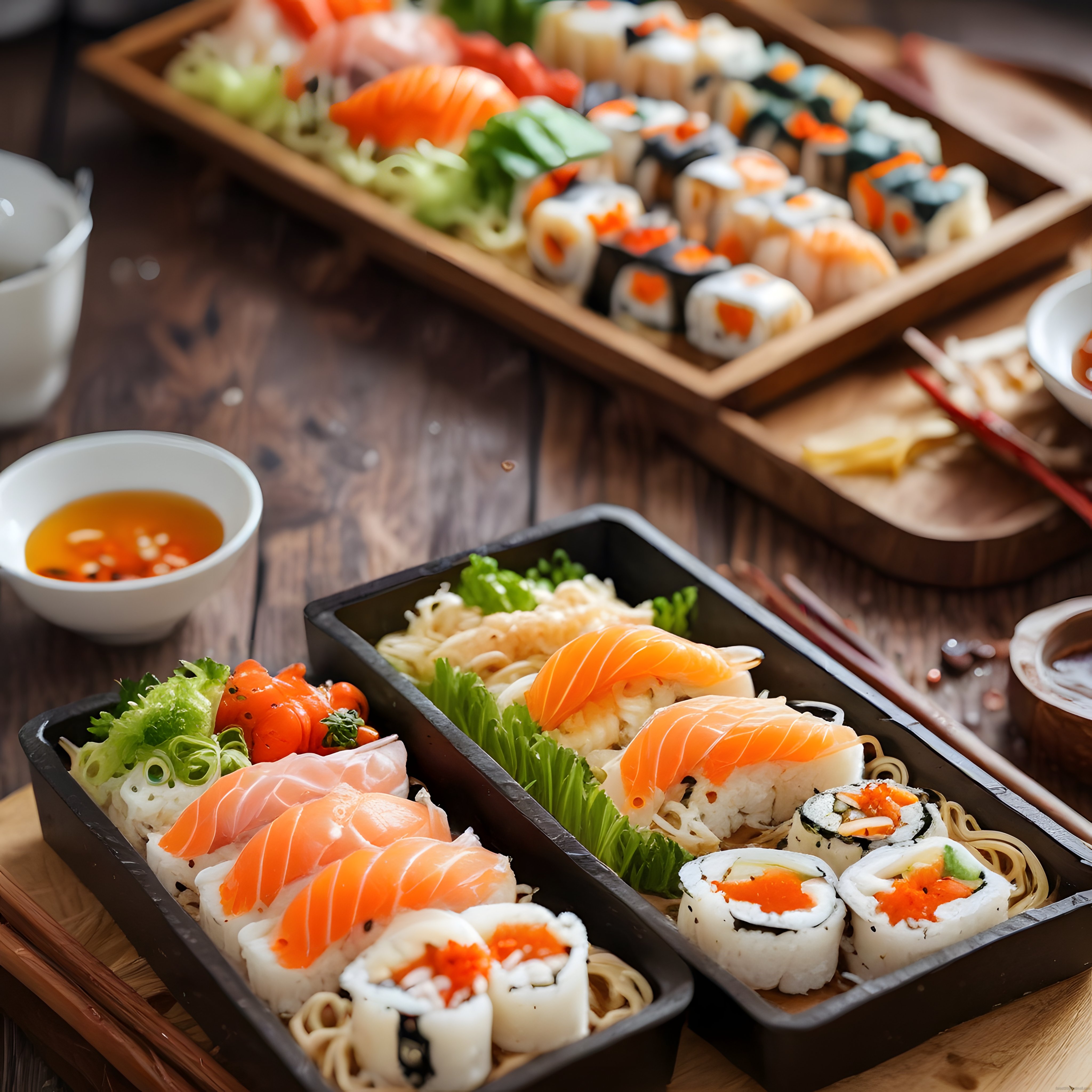 Taze Somon Nigiri ve Çeşitli Sushi Çeşitleriyle Şık Bir Japon Sofrası