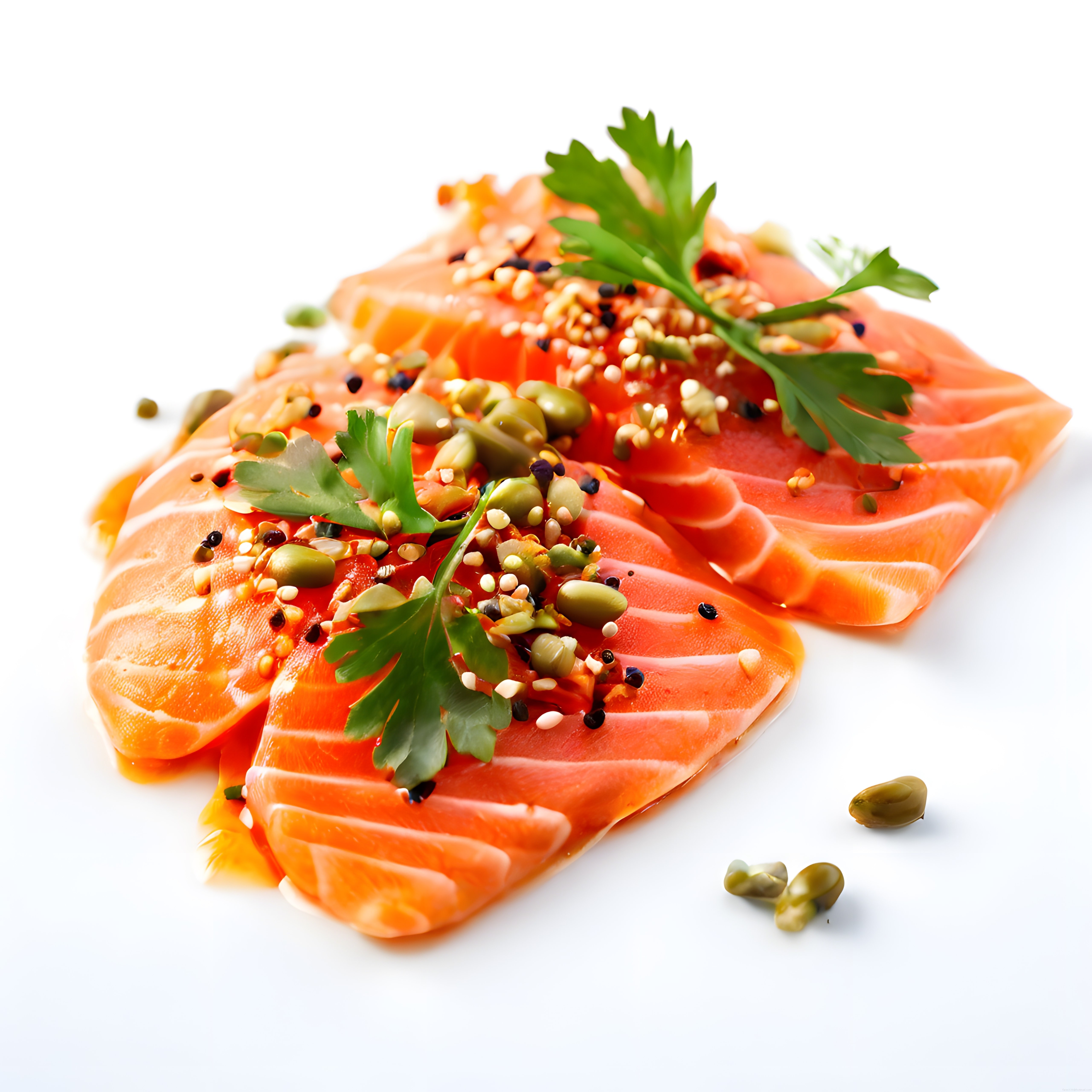 Taze Somon Sashimi Dilimleri, Susam ve Maydanoz ile Görsel Sunum