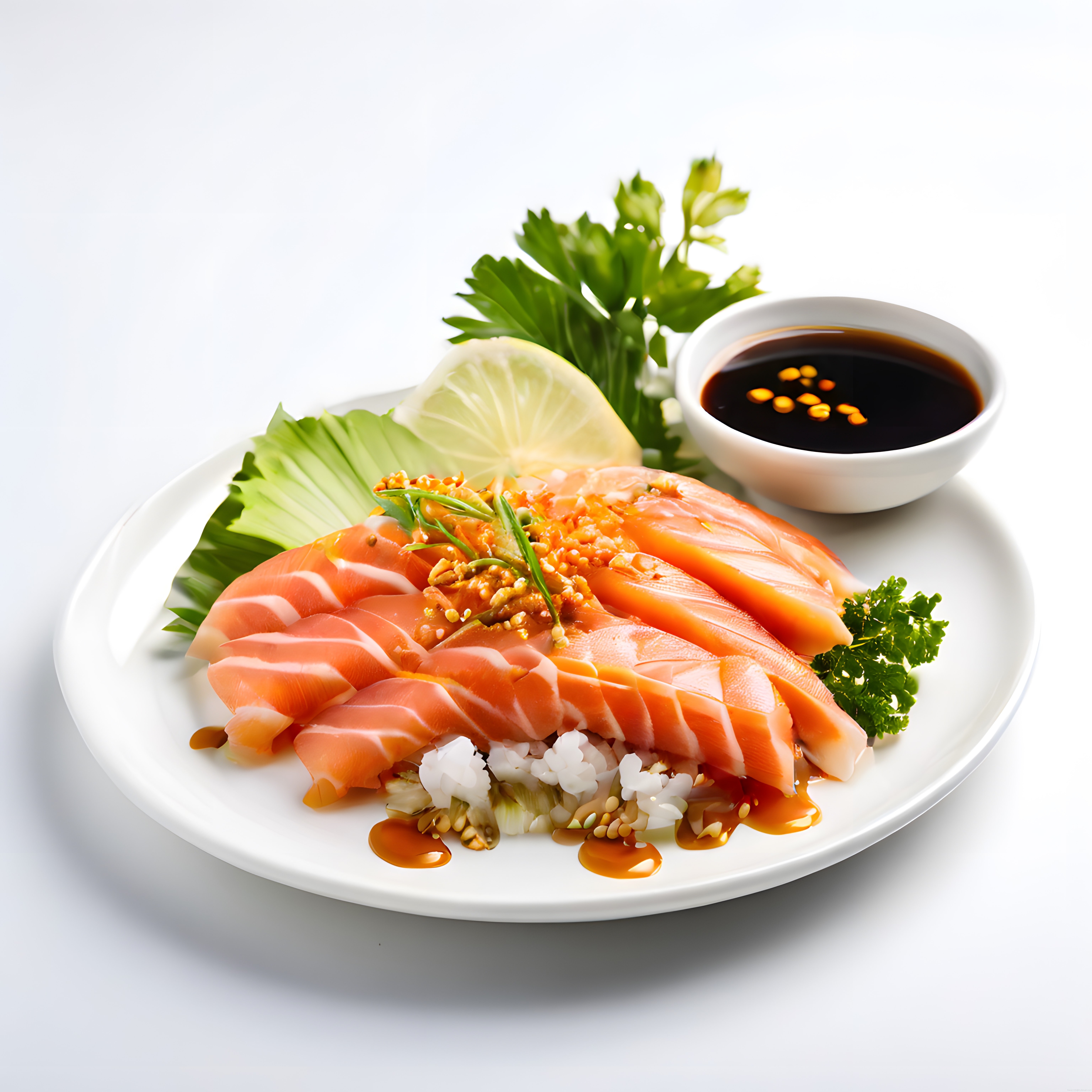 Taze somon sashimi tabağı, soya sosu ve yeşilliklerle süslenmiş