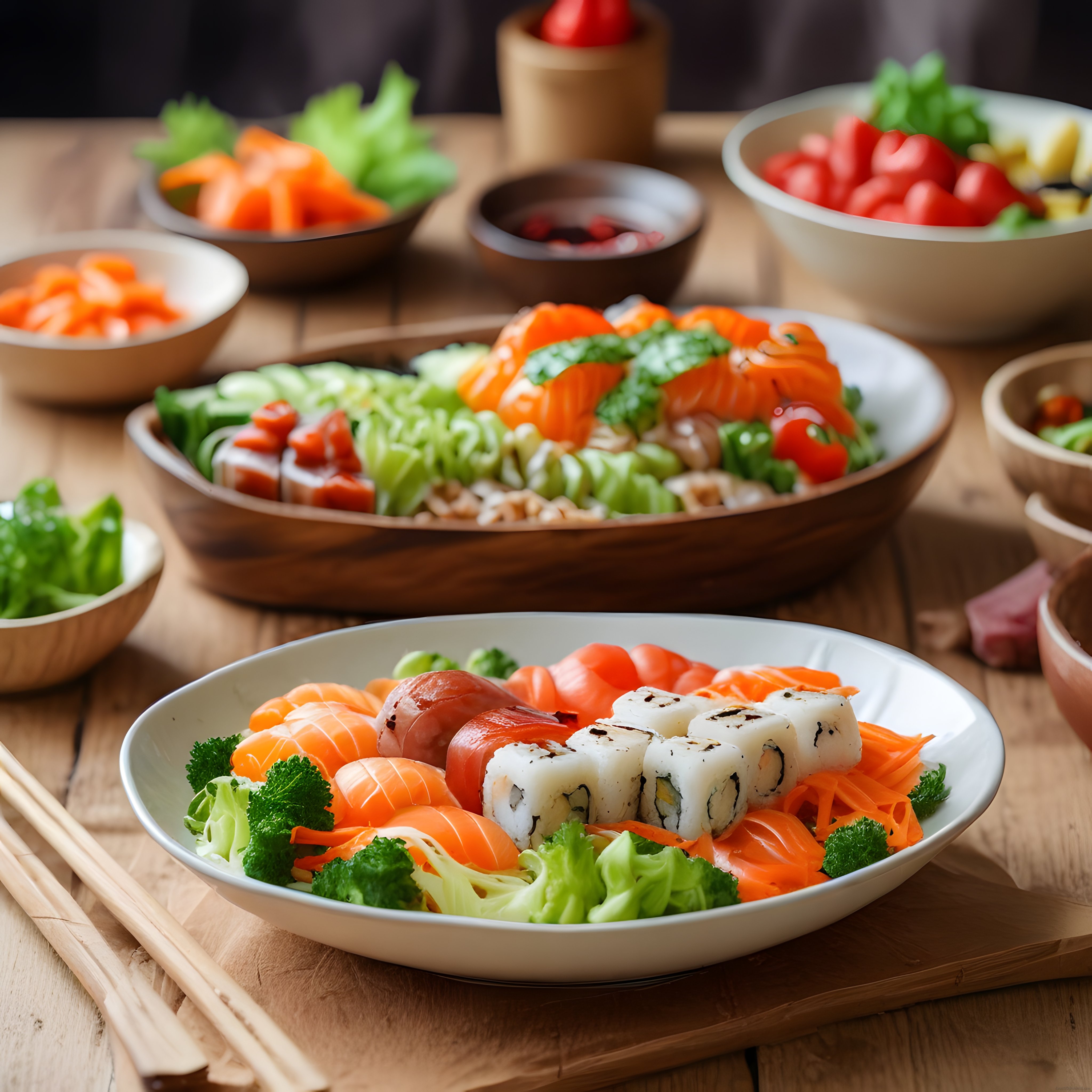 Taze somon sashimi ve sebzeli sushi tabağı: Sağlıklı Japon mutfağı önerisi