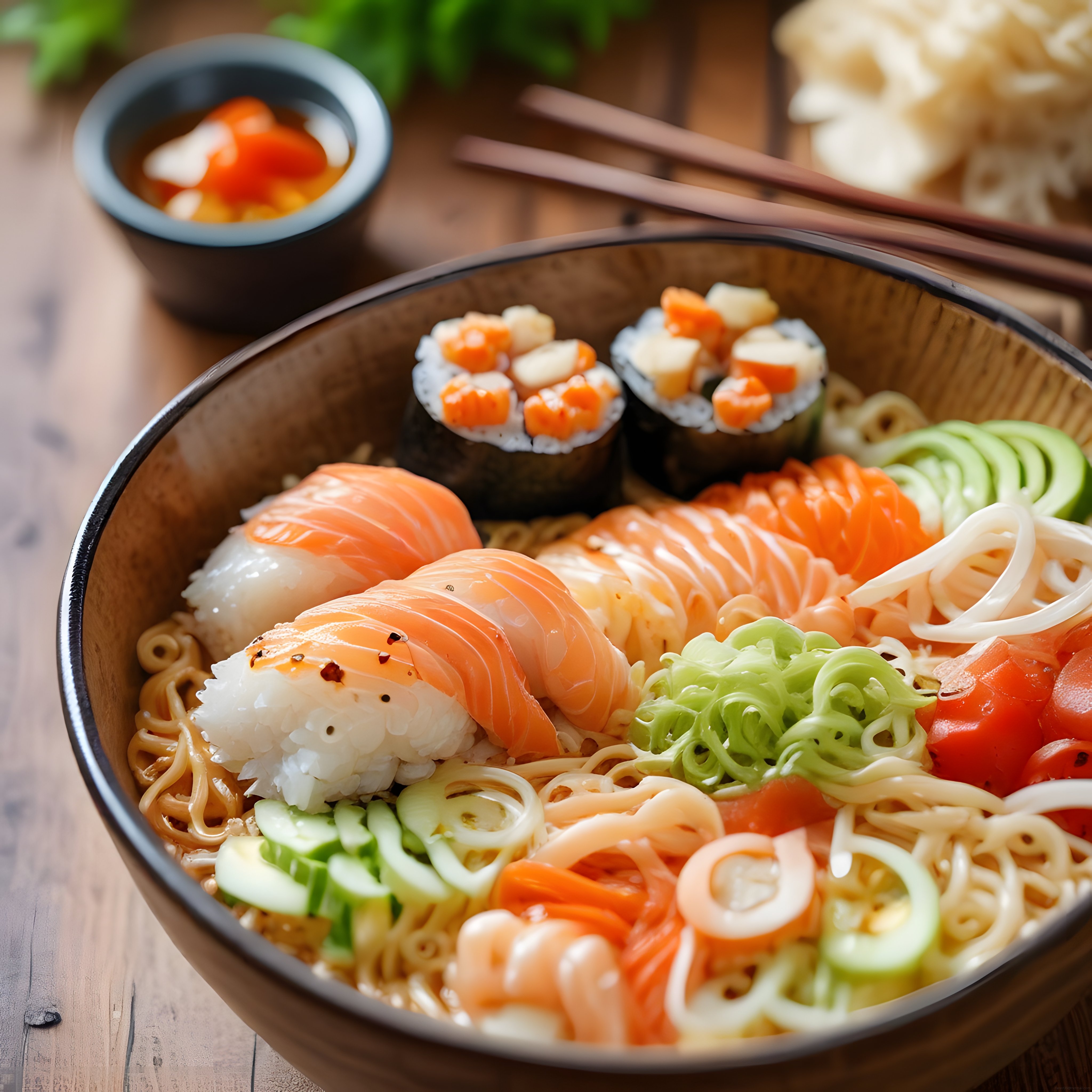 Taze Somon Sashimili Özel Soslu Poke Kase ve Çeşitli Sushi Çeşitleri