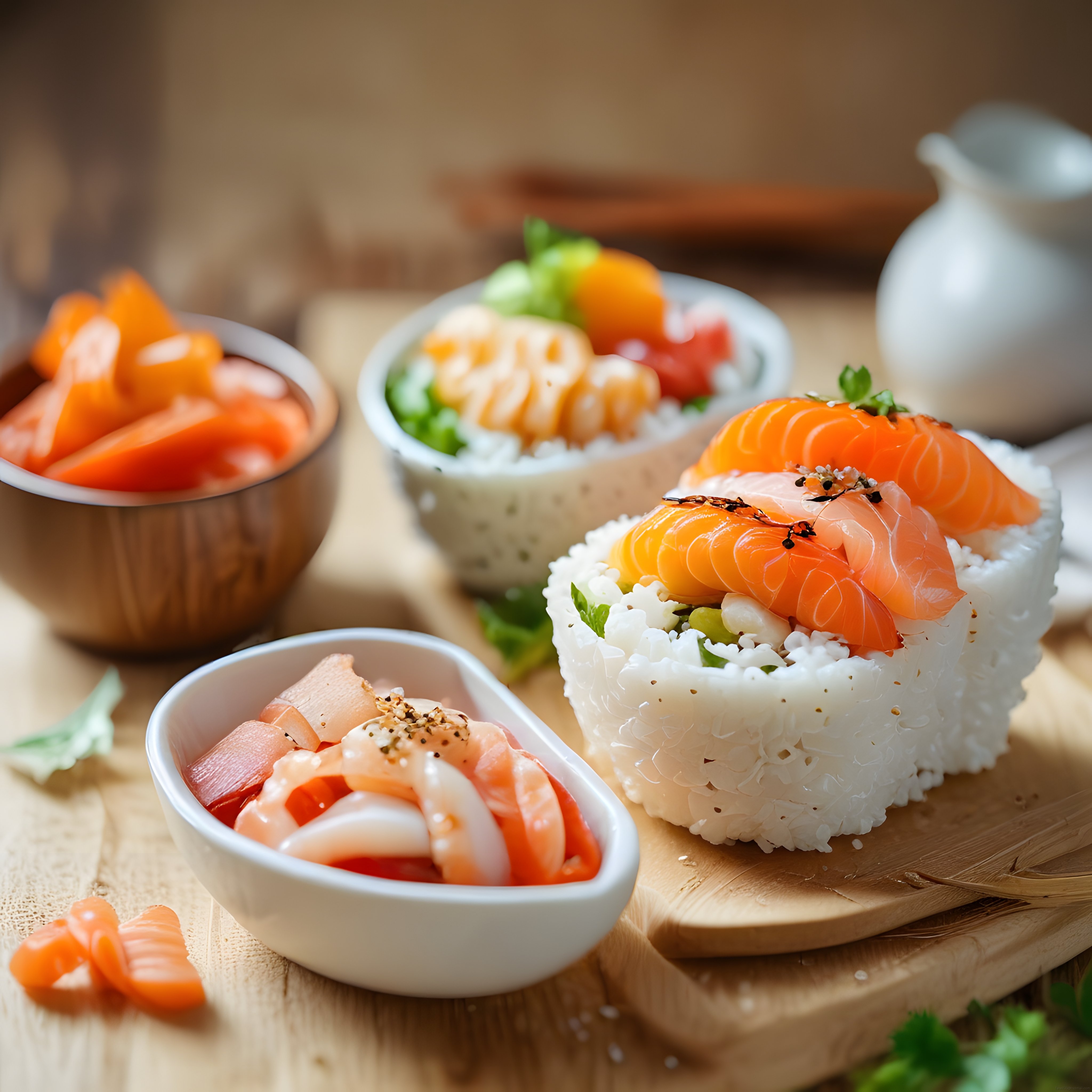 Taze Somon Sushi ve Çiğ Balık Çeşitleriyle Şık Japon Mutfağı Sunumu