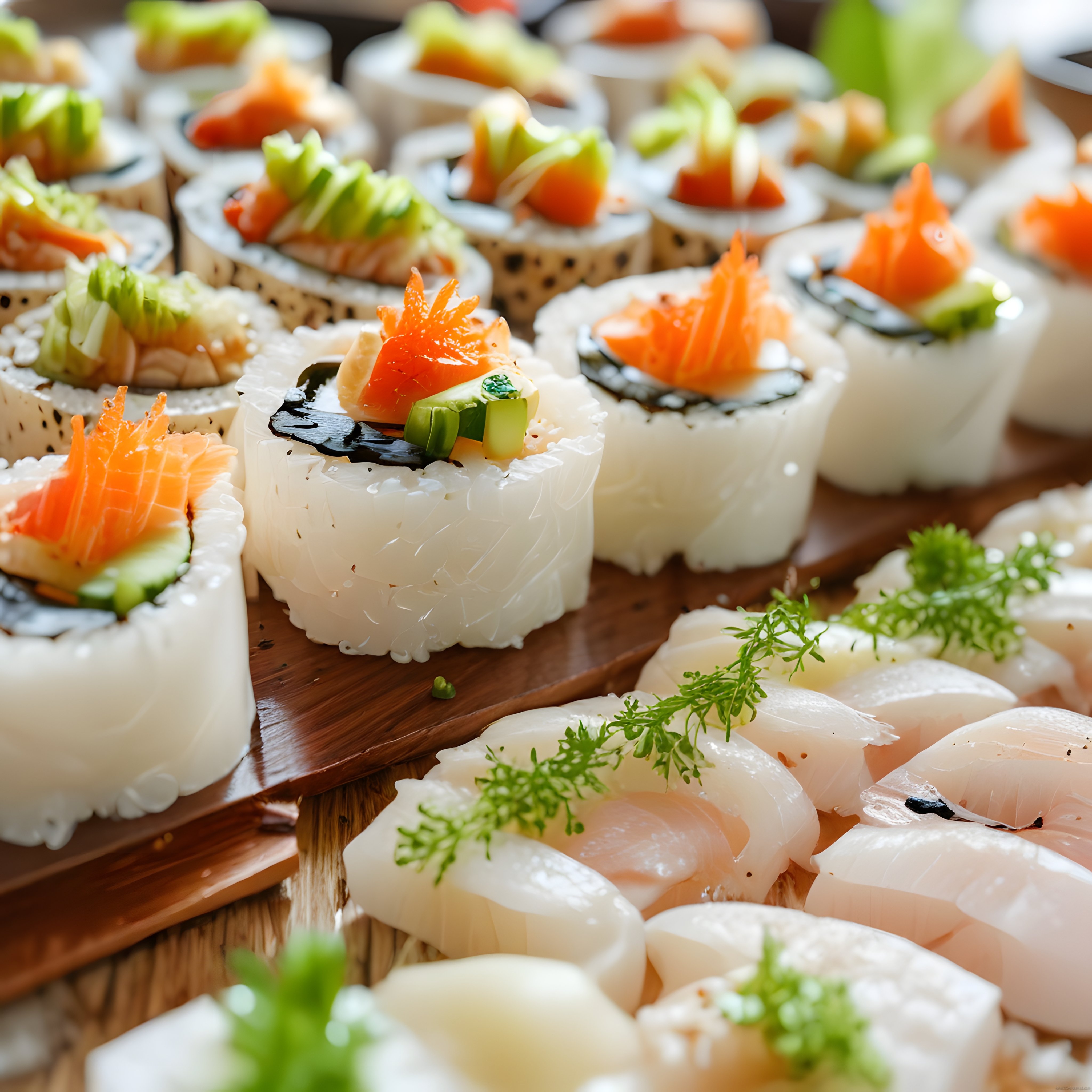 Taze somon ve avokadolu nefis sushi çeşitleri ahşap sunum tahtasında