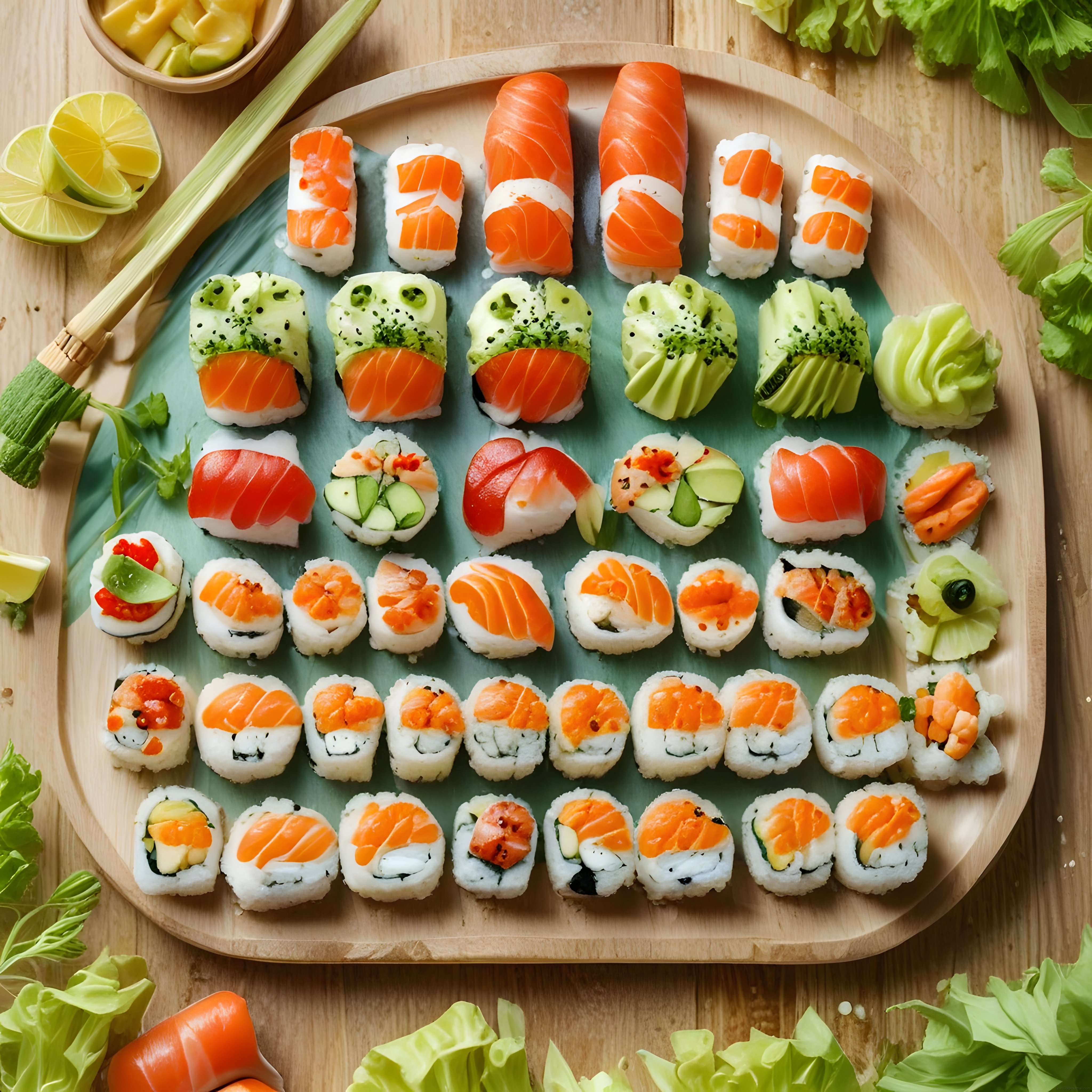 Taze Somon ve Avokadolu Sushi Çeşitleri Ahşap Sunumda Üstten Görünüm
