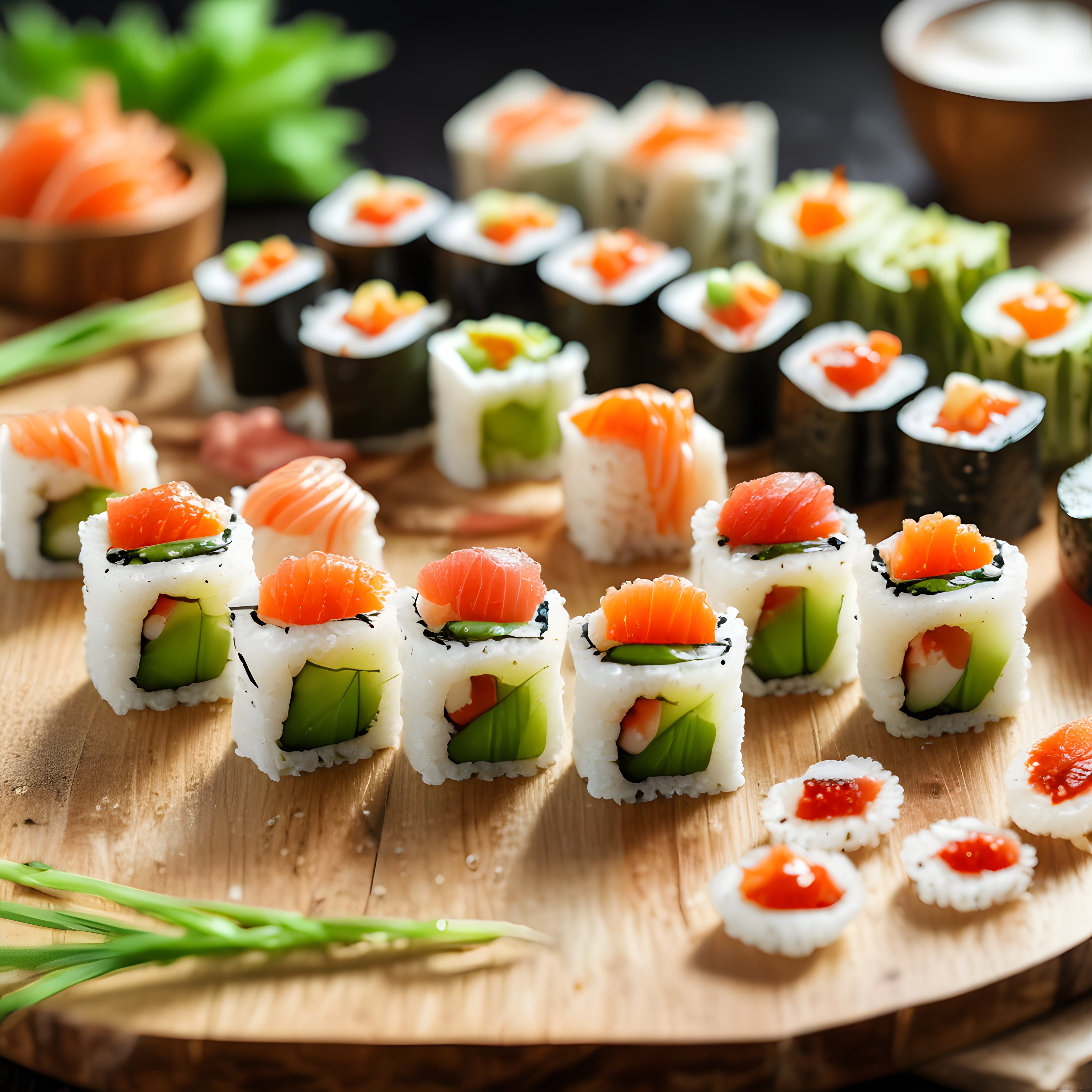 Taze Somon ve Avokadolu Sushi Çeşitleriyle Japon Mutfağı Sunumu