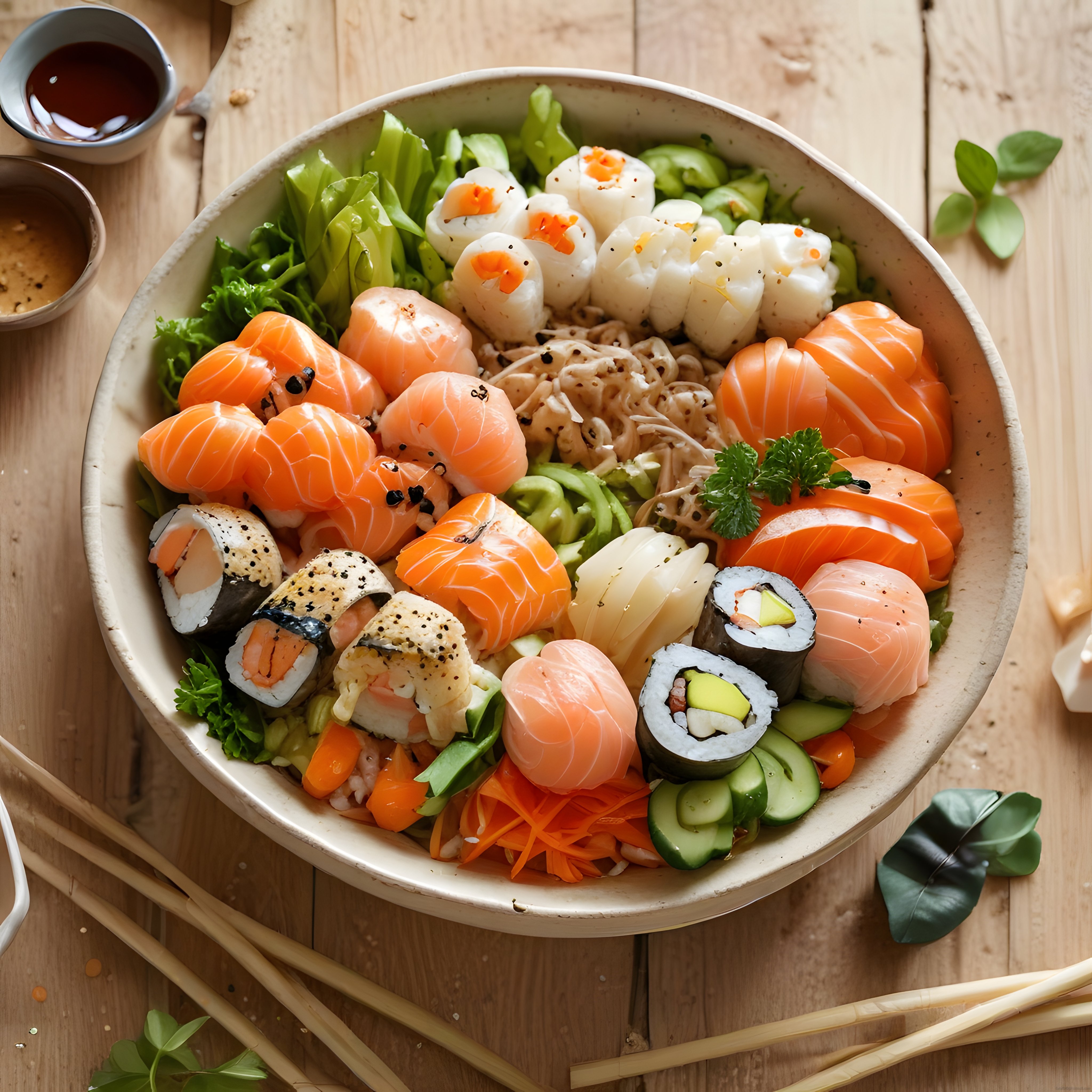 Taze Somon ve Avokadolu Sushi Çeşitleriyle Renkli Japon Tabağı