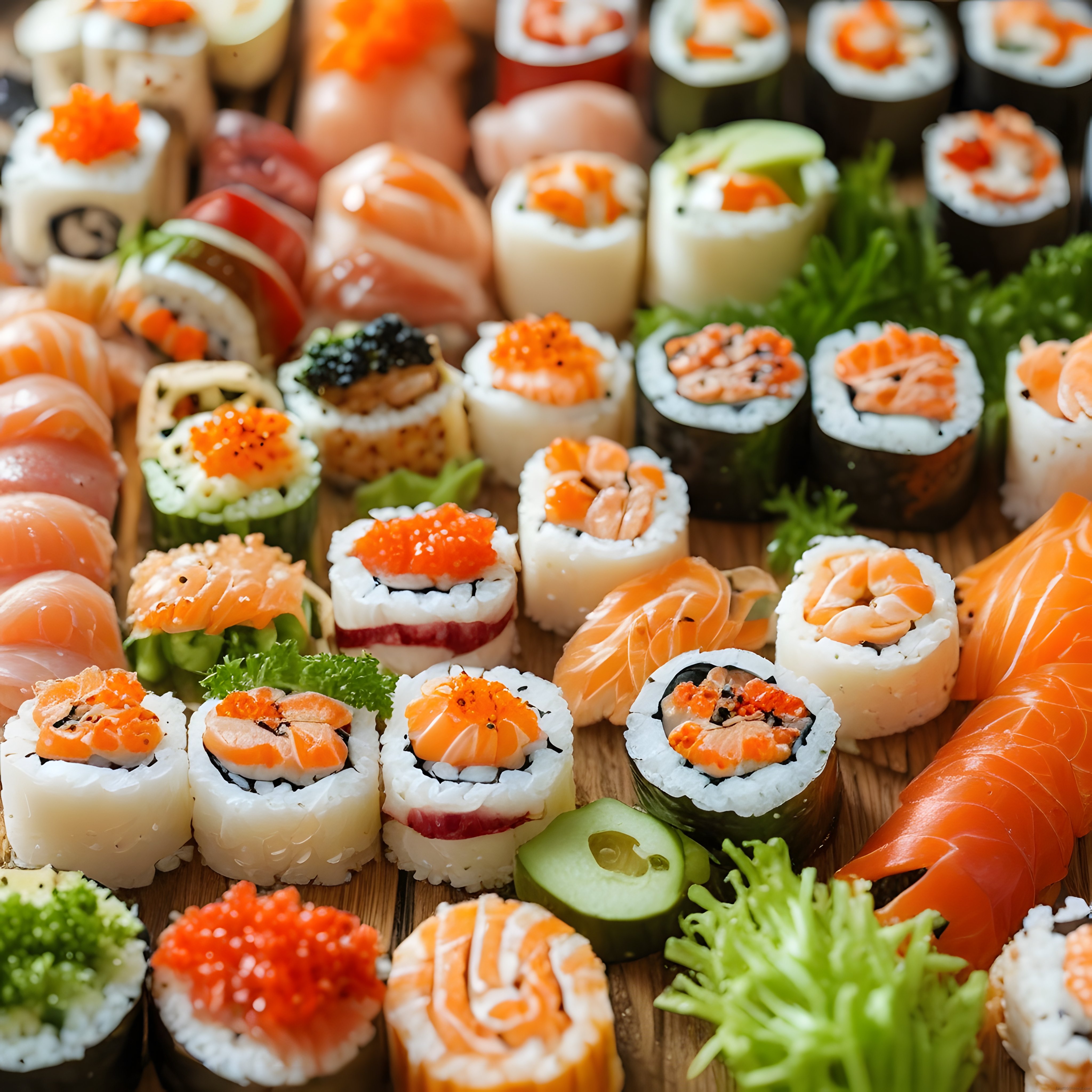Taze Somon ve Havyarlı Sushi Çeşitlerinin Ahşap Tahta Üzerindeki Sunumu