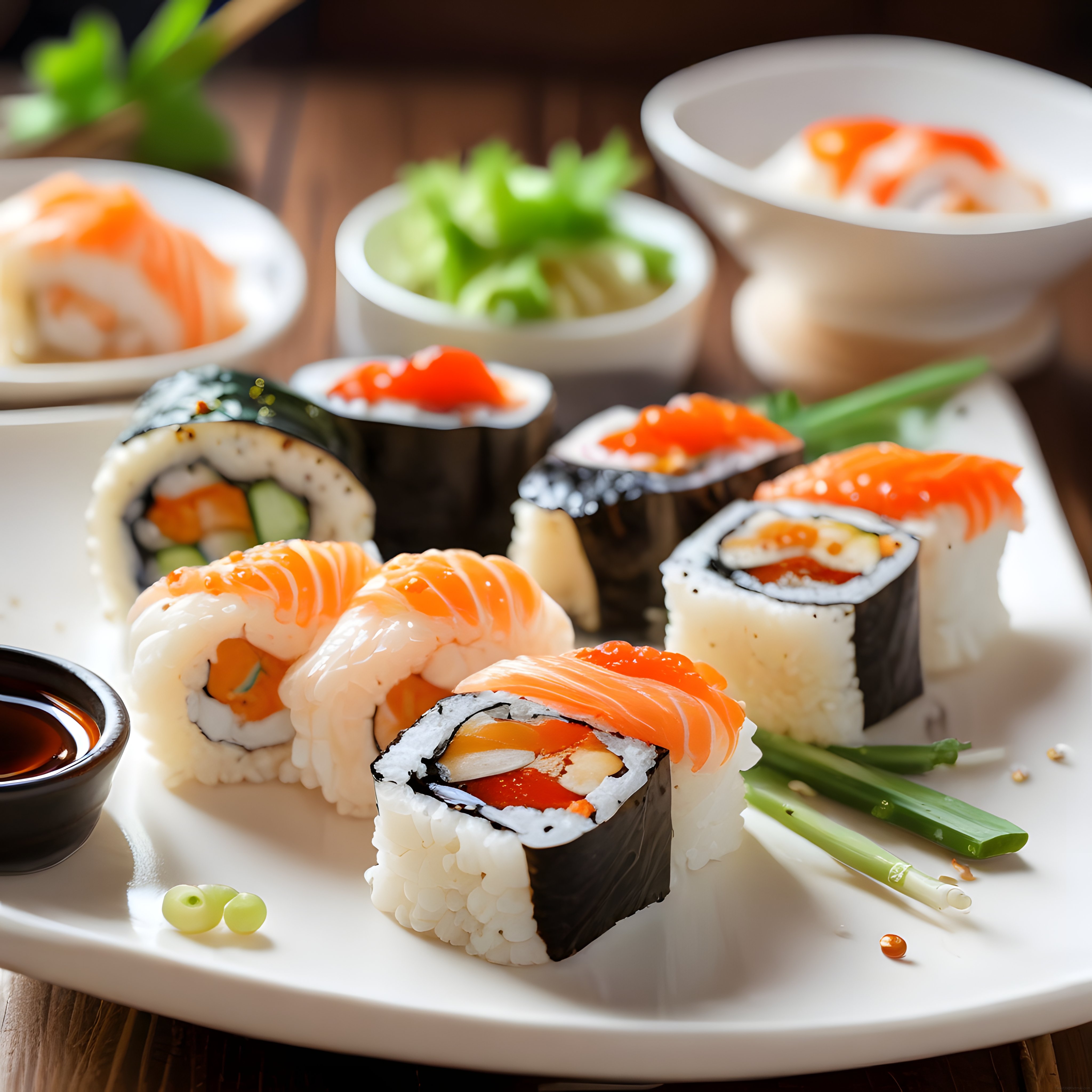 taze somon ve havyarlı sushi çeşitleriyle geleneksel japon mutfağı sunumu