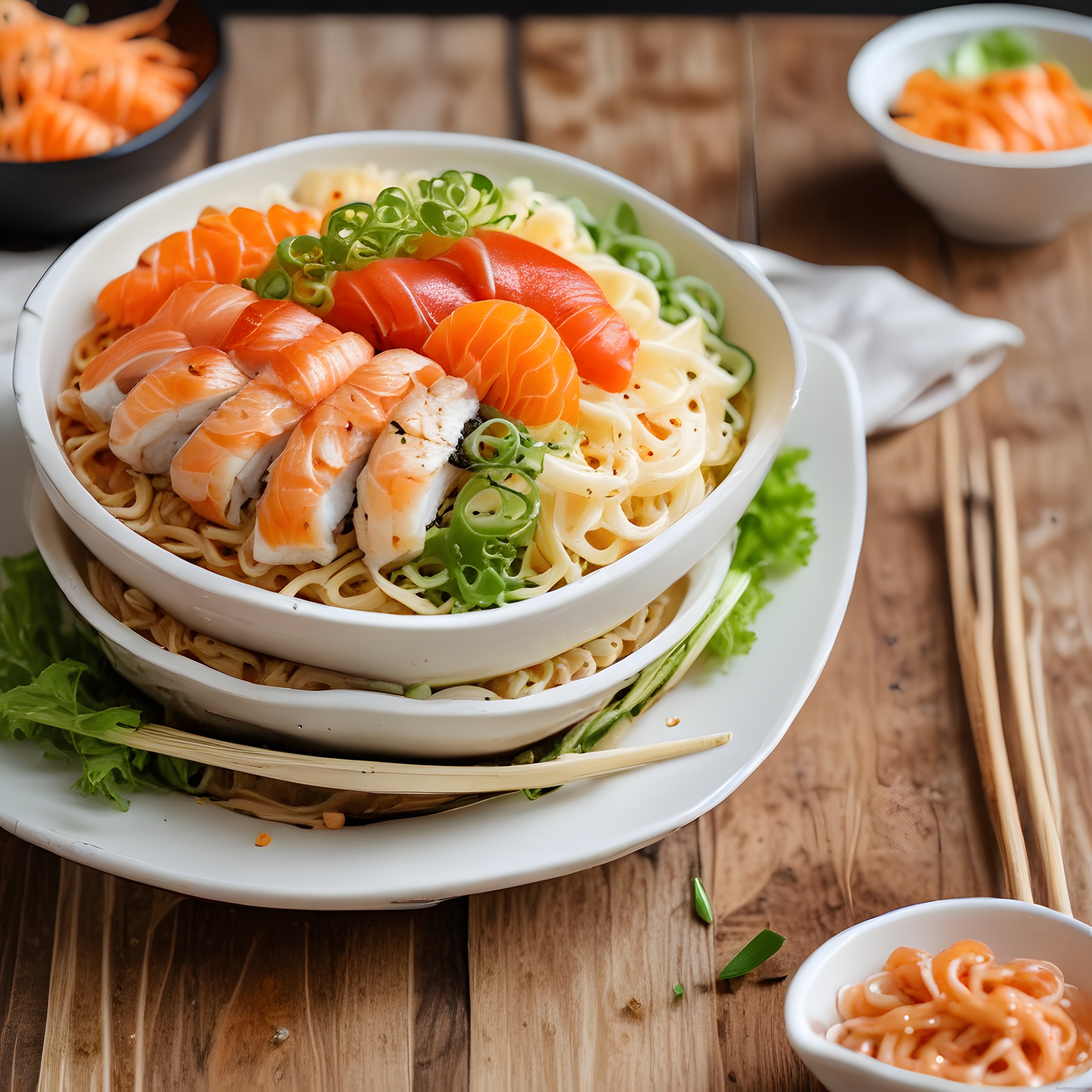 Taze Somon ve Karides ile Süslenmiş Noodle Kasesi: Asya Esintili Lezzet Sunumu