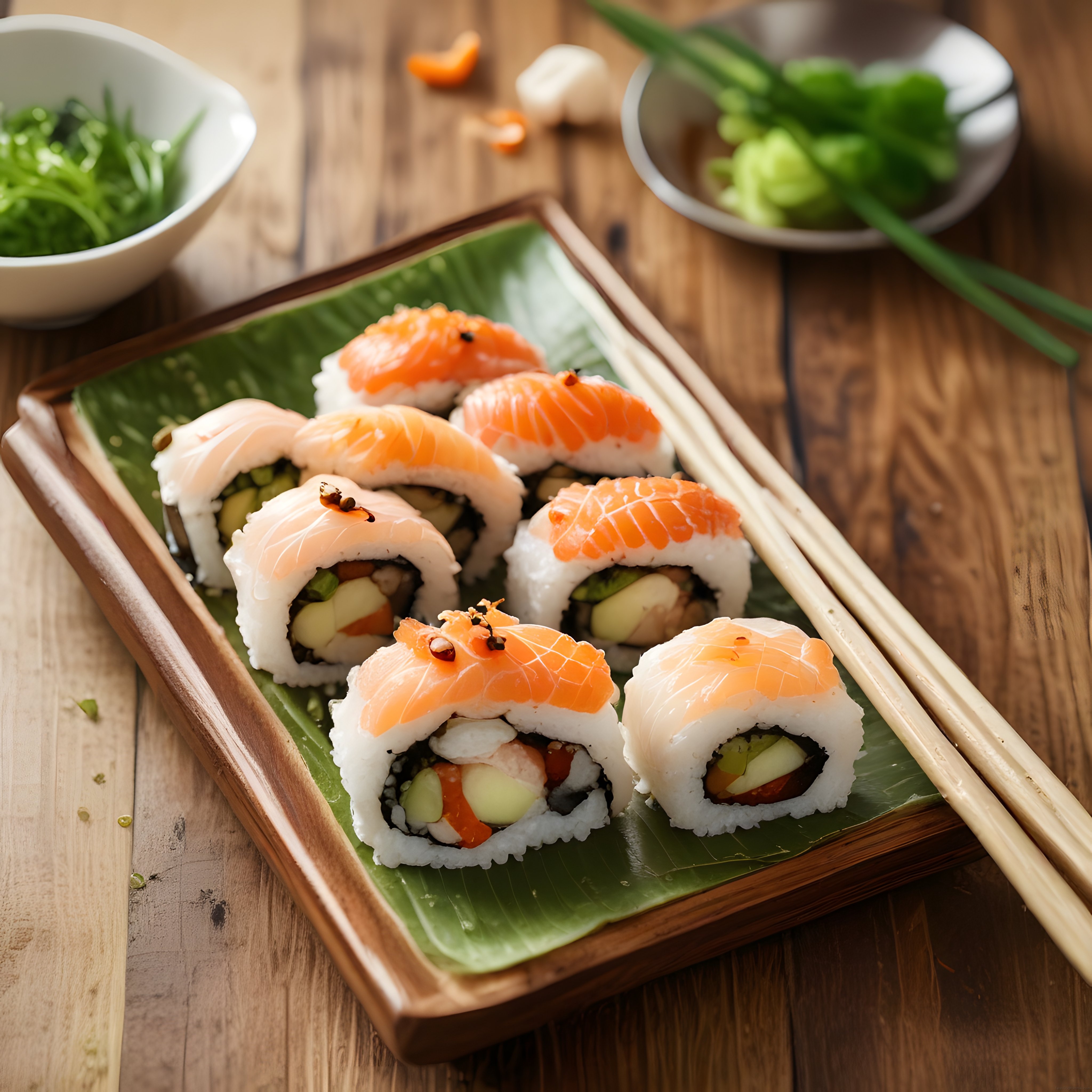Taze Somon ve Karidesle Süslenmiş Gurme Sushi Çeşitleri Sunumu