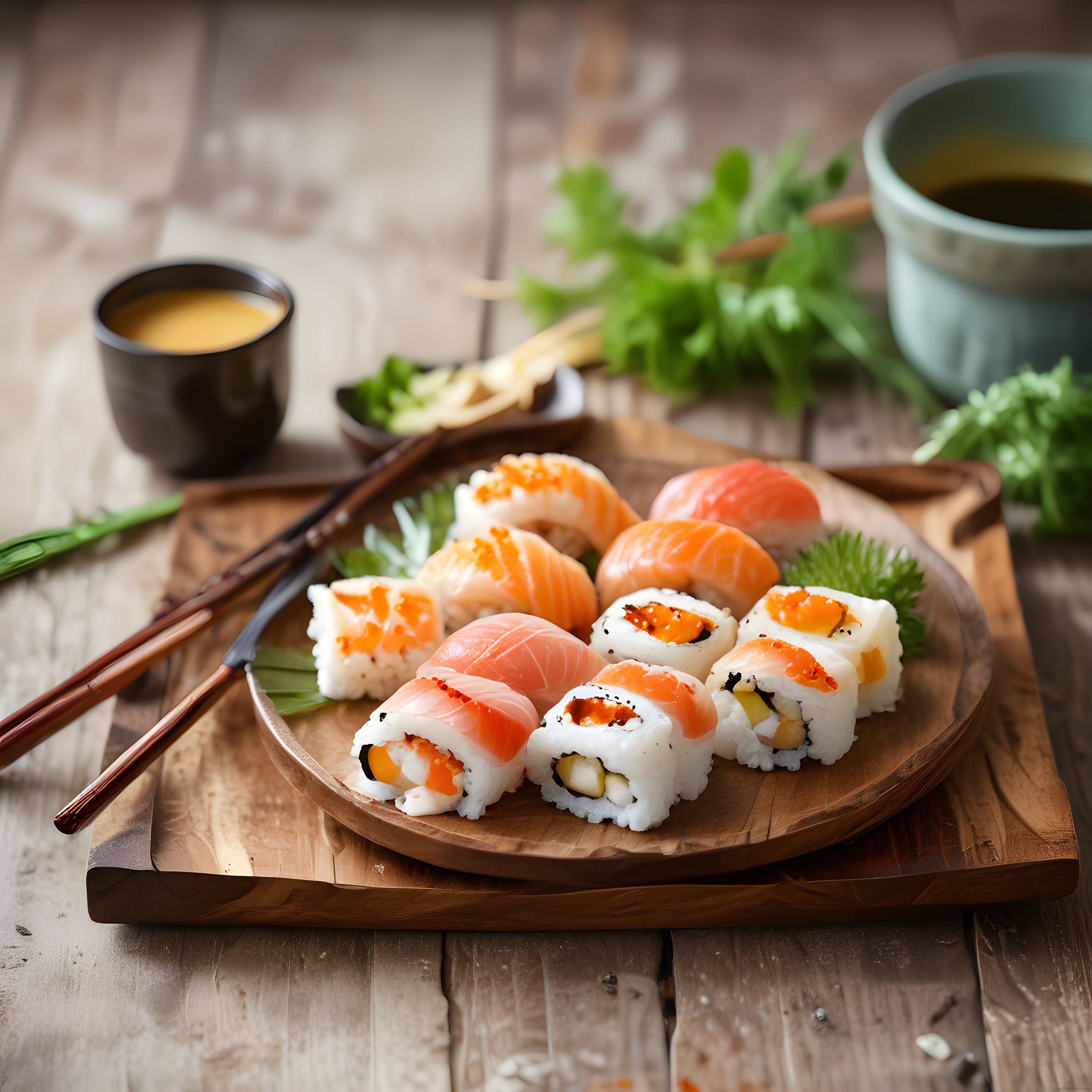 Taze Somon ve Karidesli Sushi Çeşitleri, Soya Sosu ile Şık Ahşap Sunum