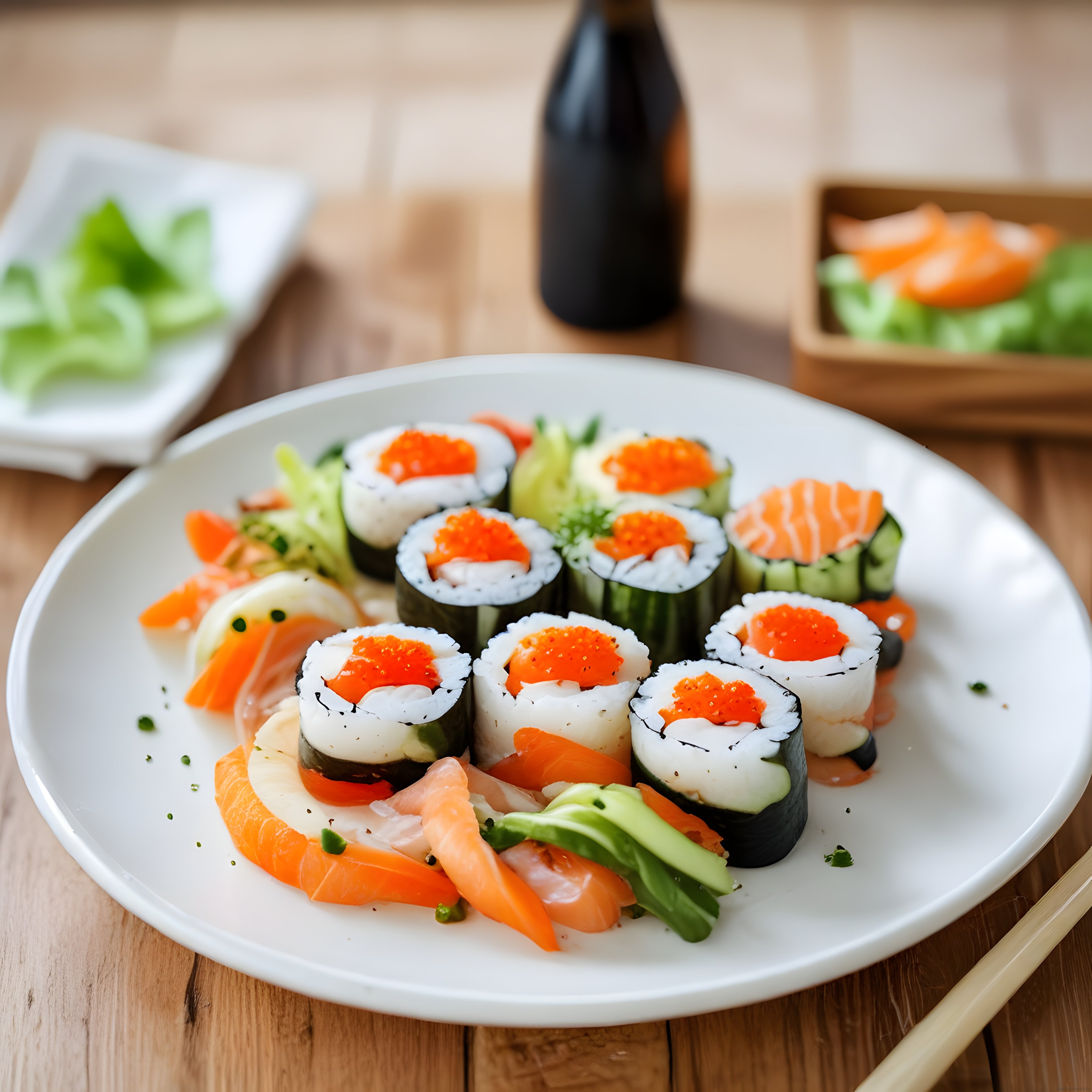 Taze somon ve kırmızı havyarla süslenmiş şık sushi tabağı