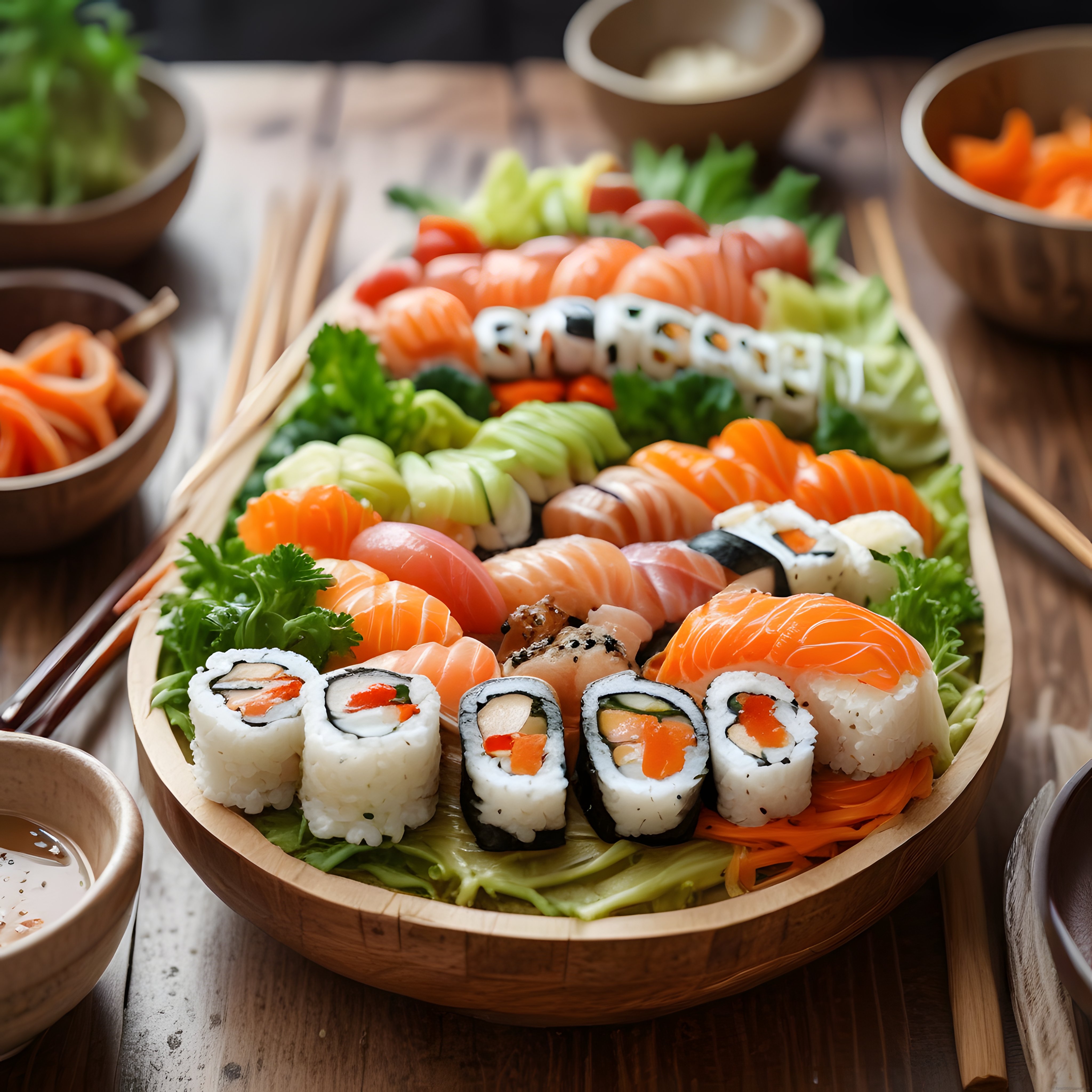 Taze Somon ve Sebzeli Sushi Tabağı: Japon Mutfağından Eşsiz Bir Sunum
