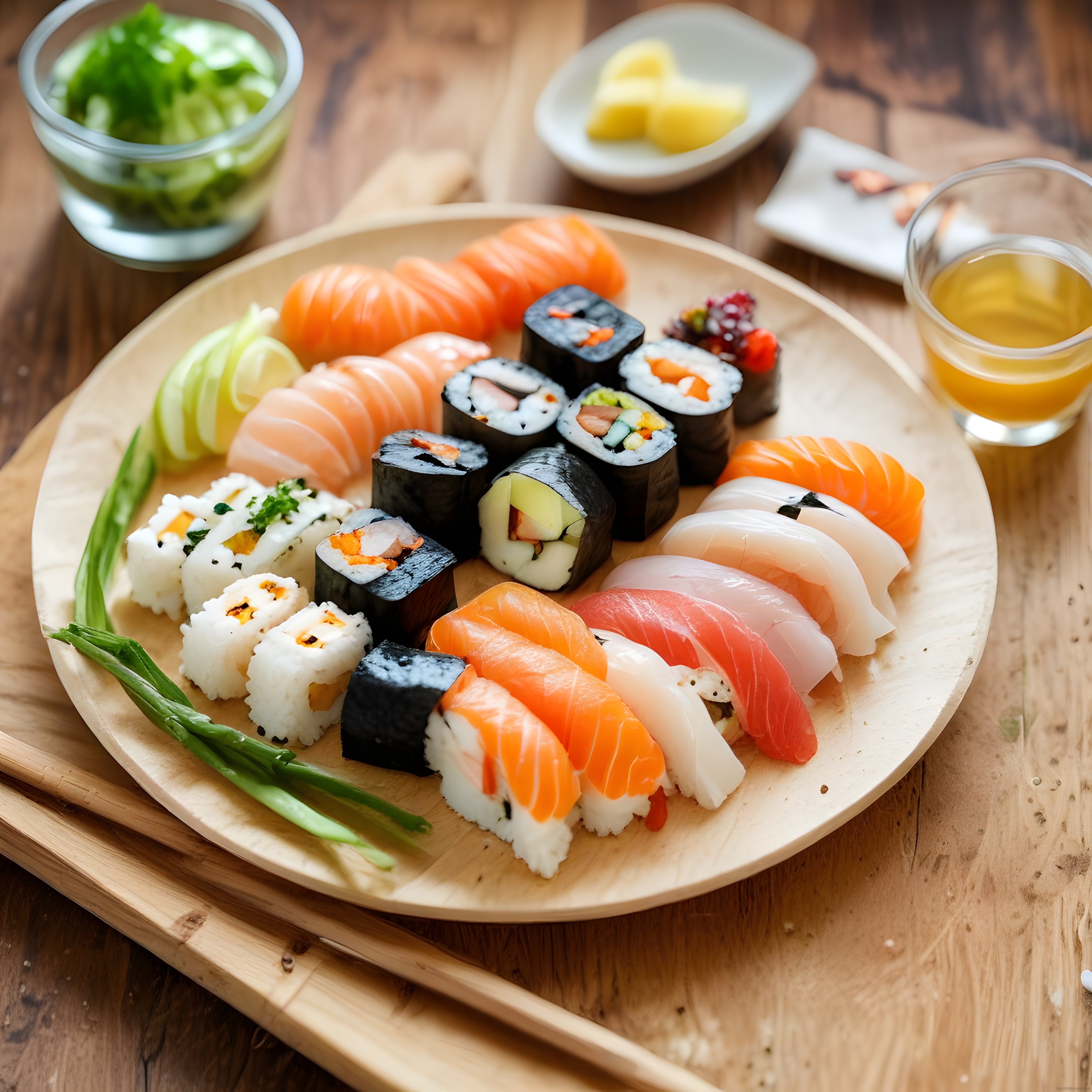 Taze Somon ve Ton Balıklı Çeşitli Sushi Tabak Sunumu Ahşap Tepside