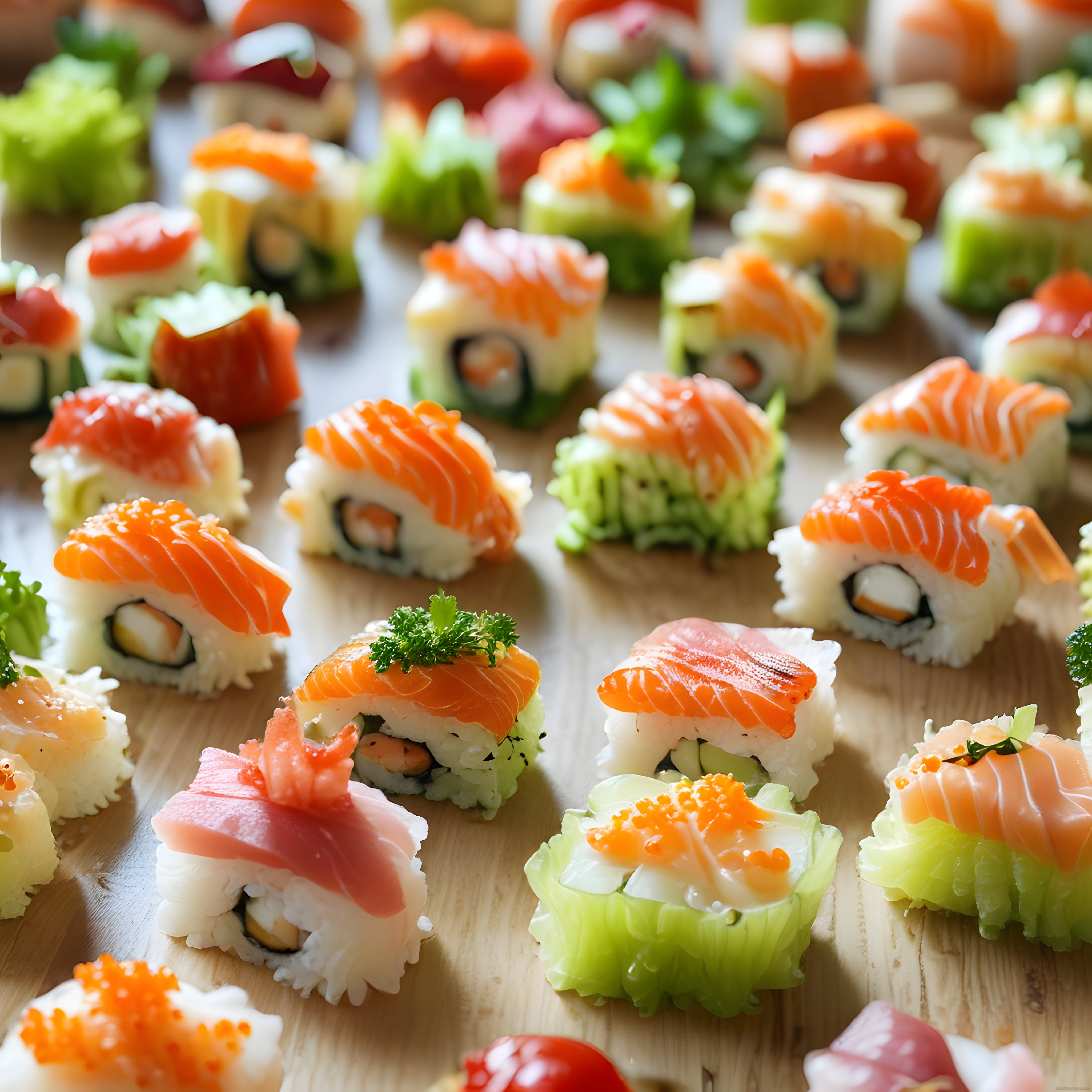 Taze Somon ve Ton Balıklı Renkli Sushi Çeşitleri Ahşap Sunum Tahtasında