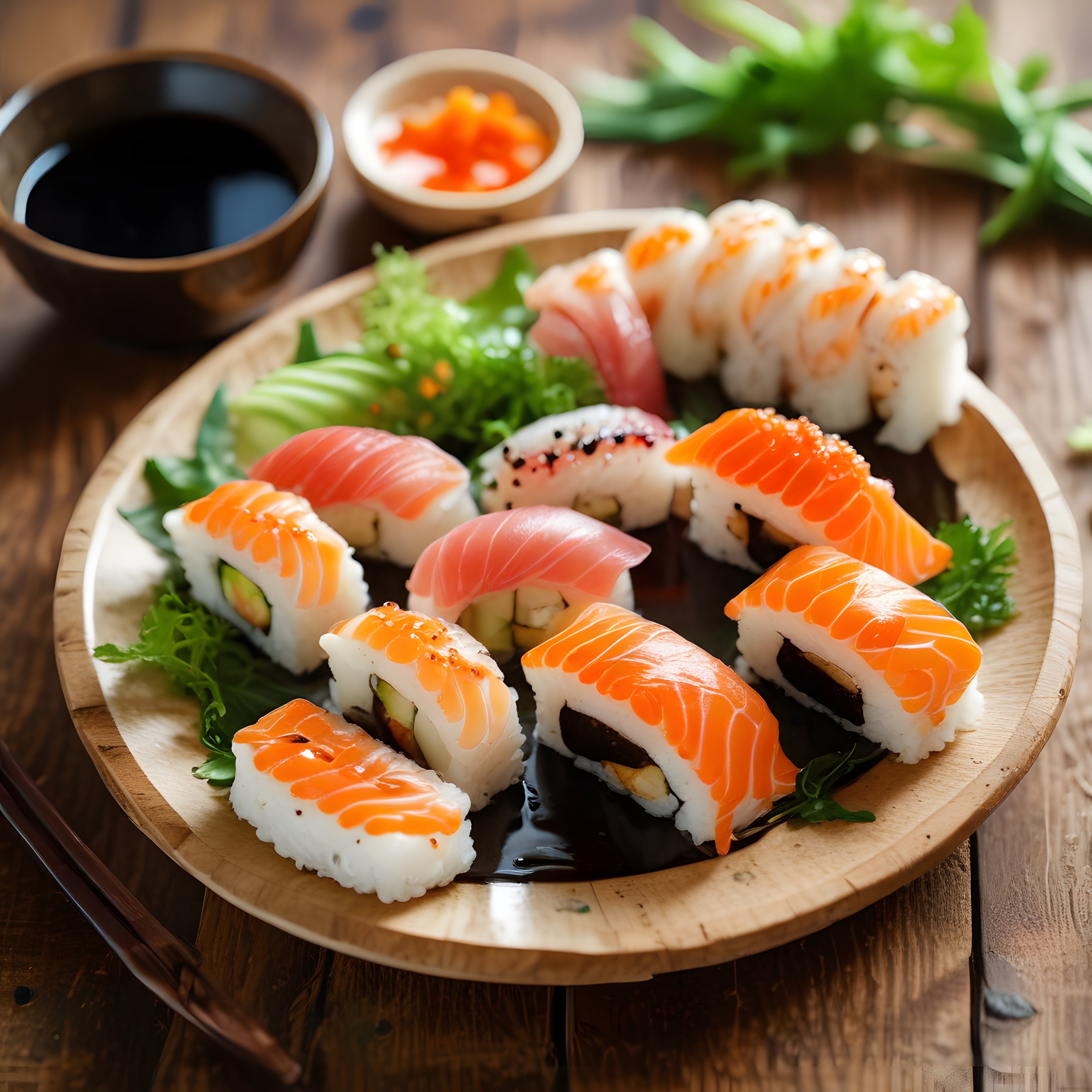 Taze Somon ve Ton Balıklı Sushi Çeşitleri: Ahşap Tabakta Japon Lezzeti