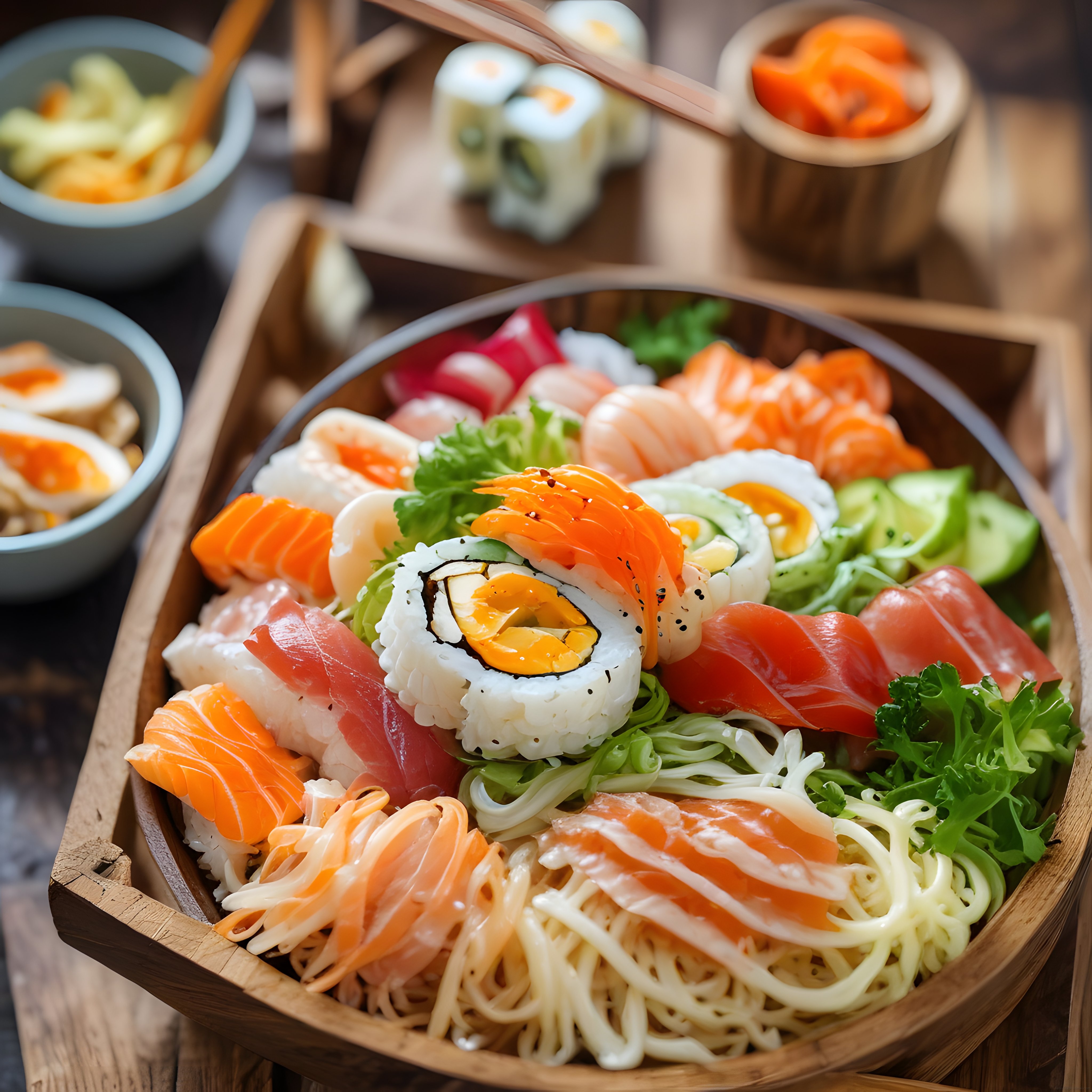 taze somonlu japon sushi kasesi ve çeşitli deniz mahsülleri sunumu