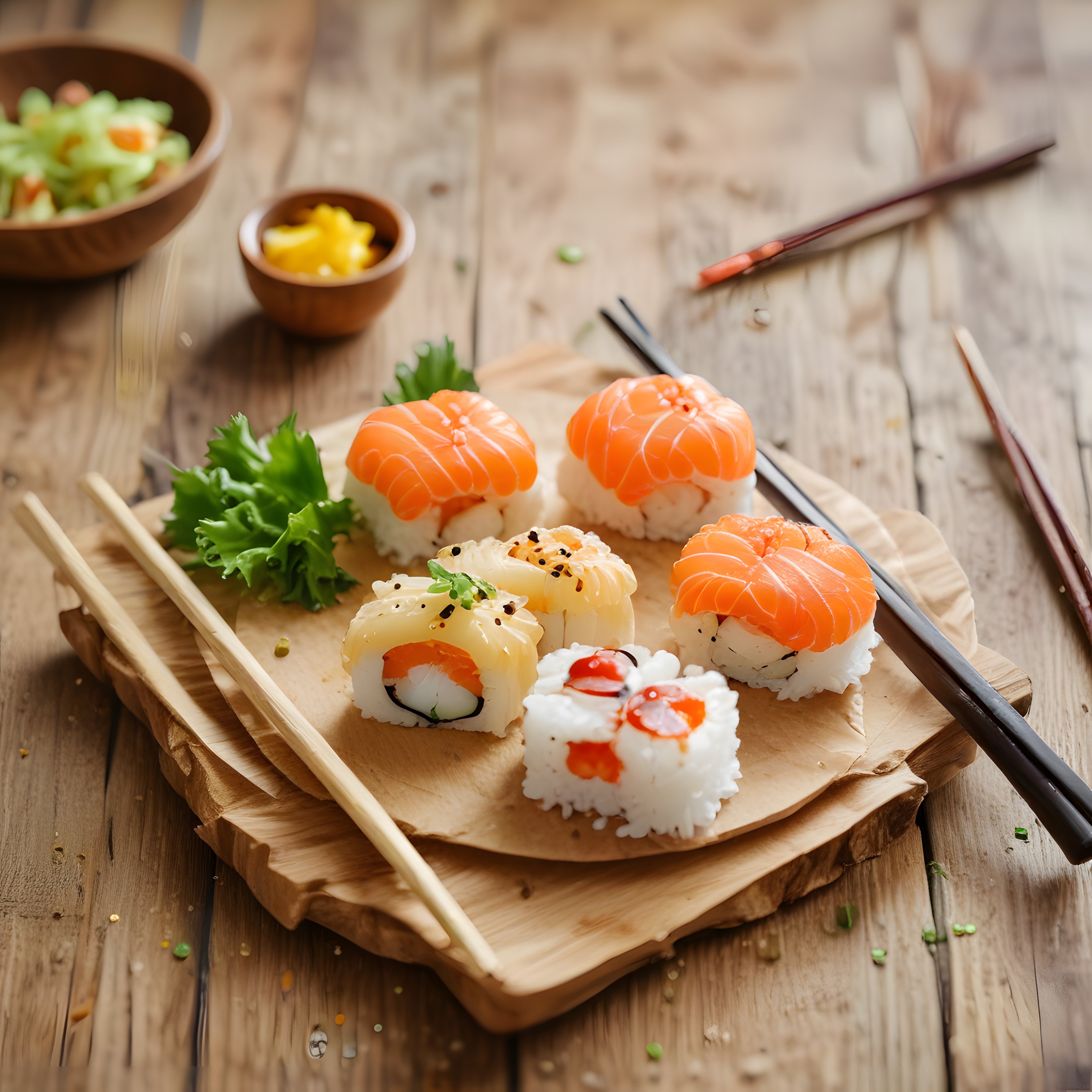 Taze Somonlu Nigiri ve Çeşitli Sushi Roll'ların Ahşap Tabakta Rustik Sunumu