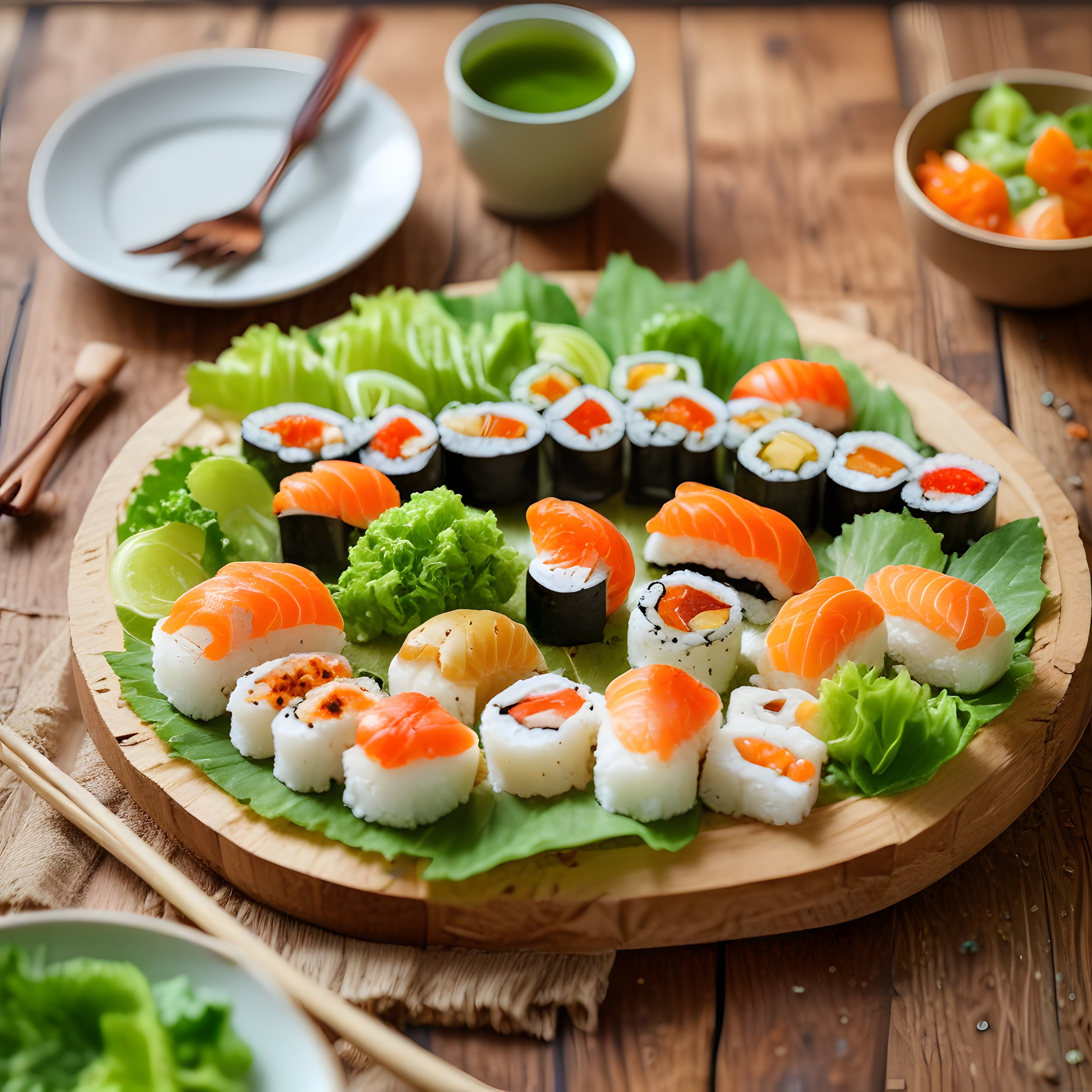 Taze Somonlu Nigiri ve Maki Sushi Çeşitleri Ahşap Sunum Tahtasında