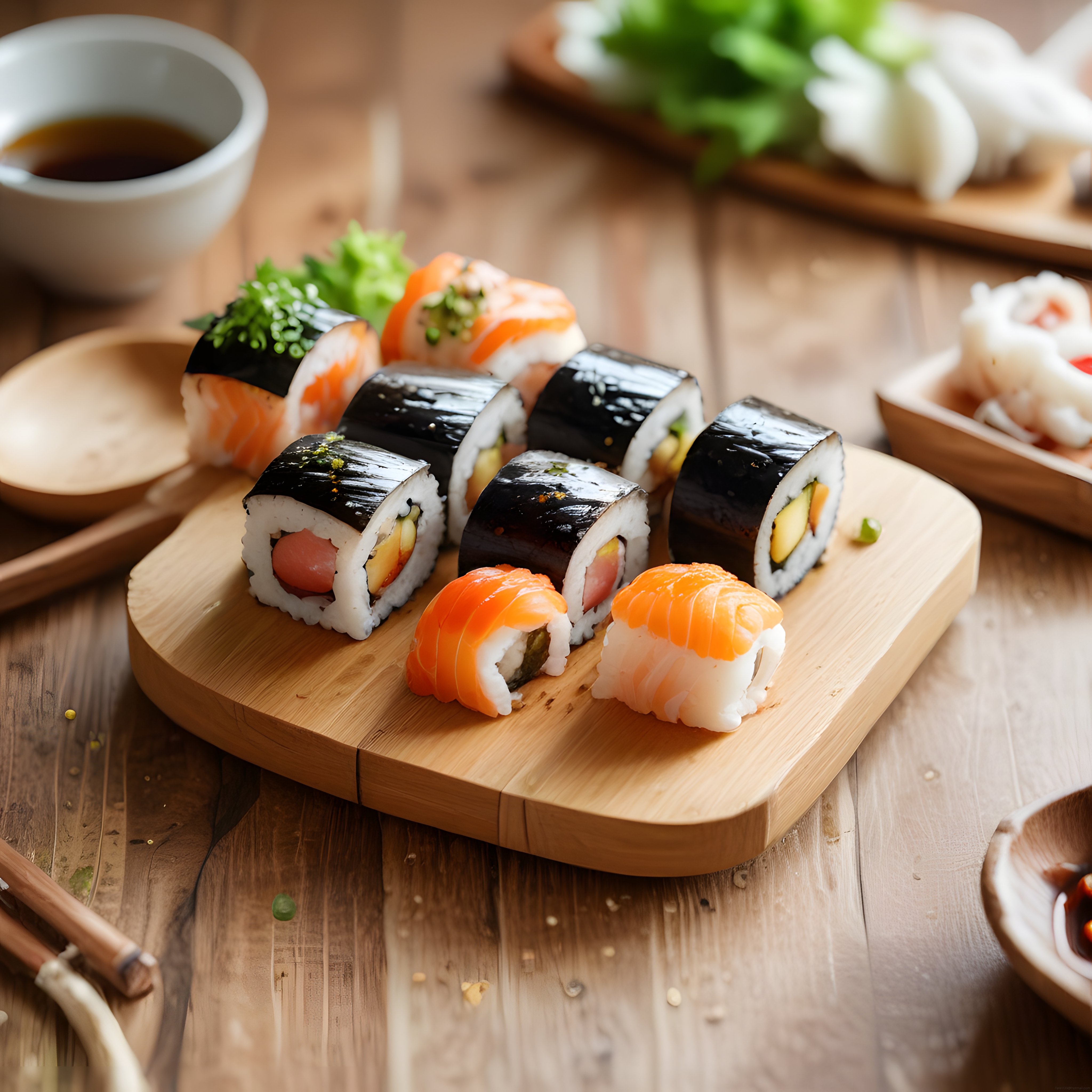 Taze Somonlu Nigiri ve Sebzeli Makilerin Ahşap Tahta Üzerinde Şık Sunumu