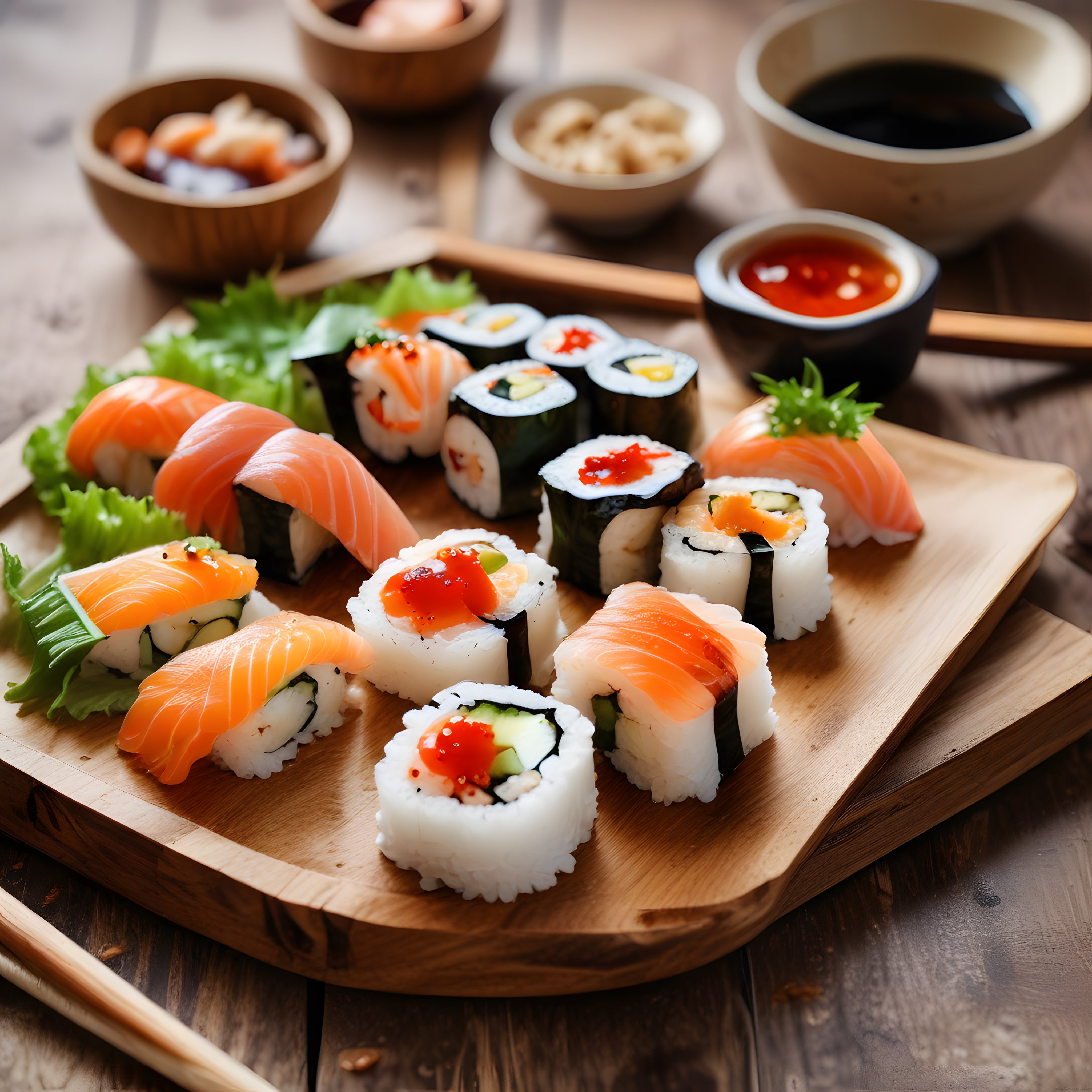 Taze Somonlu Sushi Çeşitleri ile Şık Japon Sunumu ve Sos Eşlikçileri