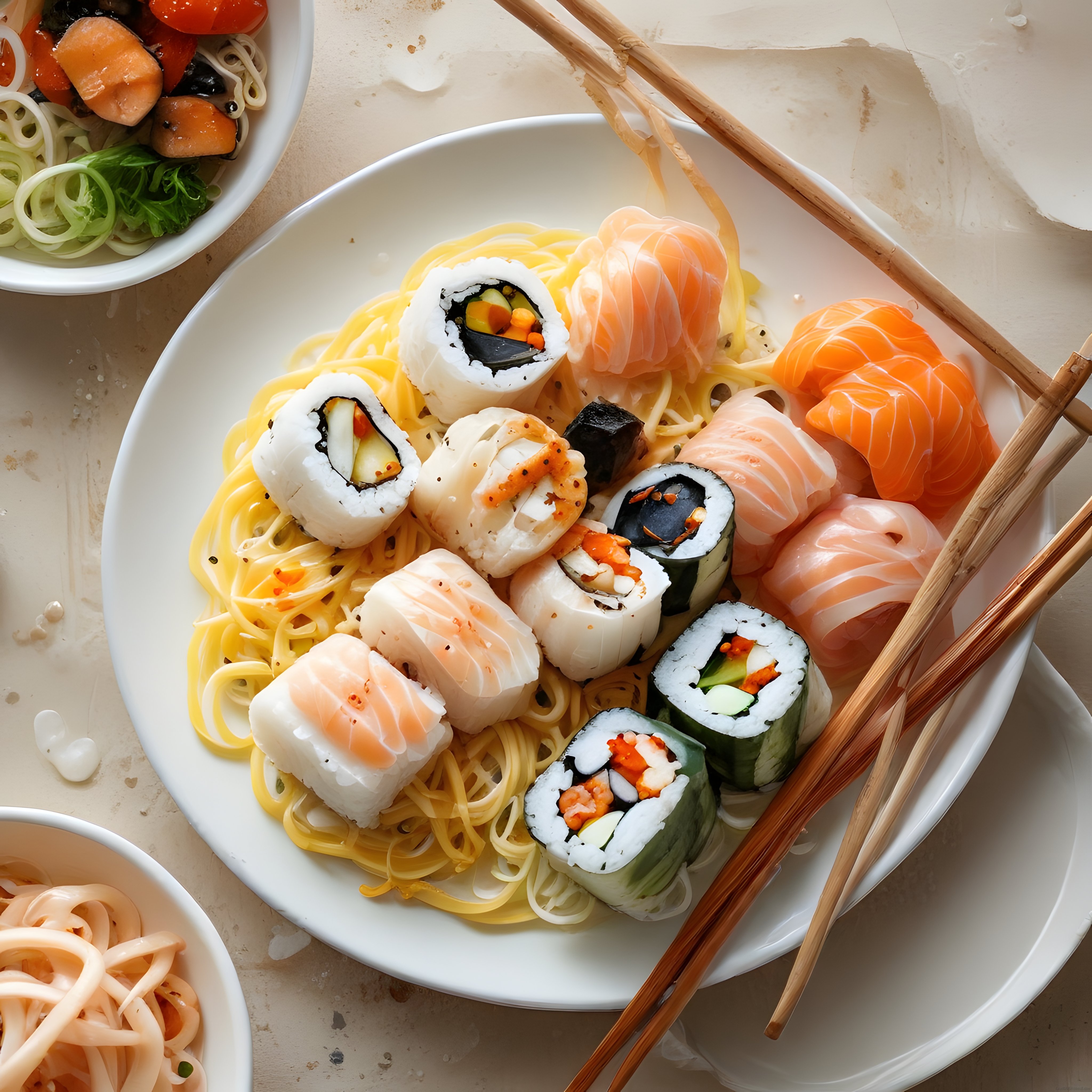 Taze Somonlu Sushi Çeşitleri ve Erişte ile Asya Mutfağından Davetkar Bir Tabak