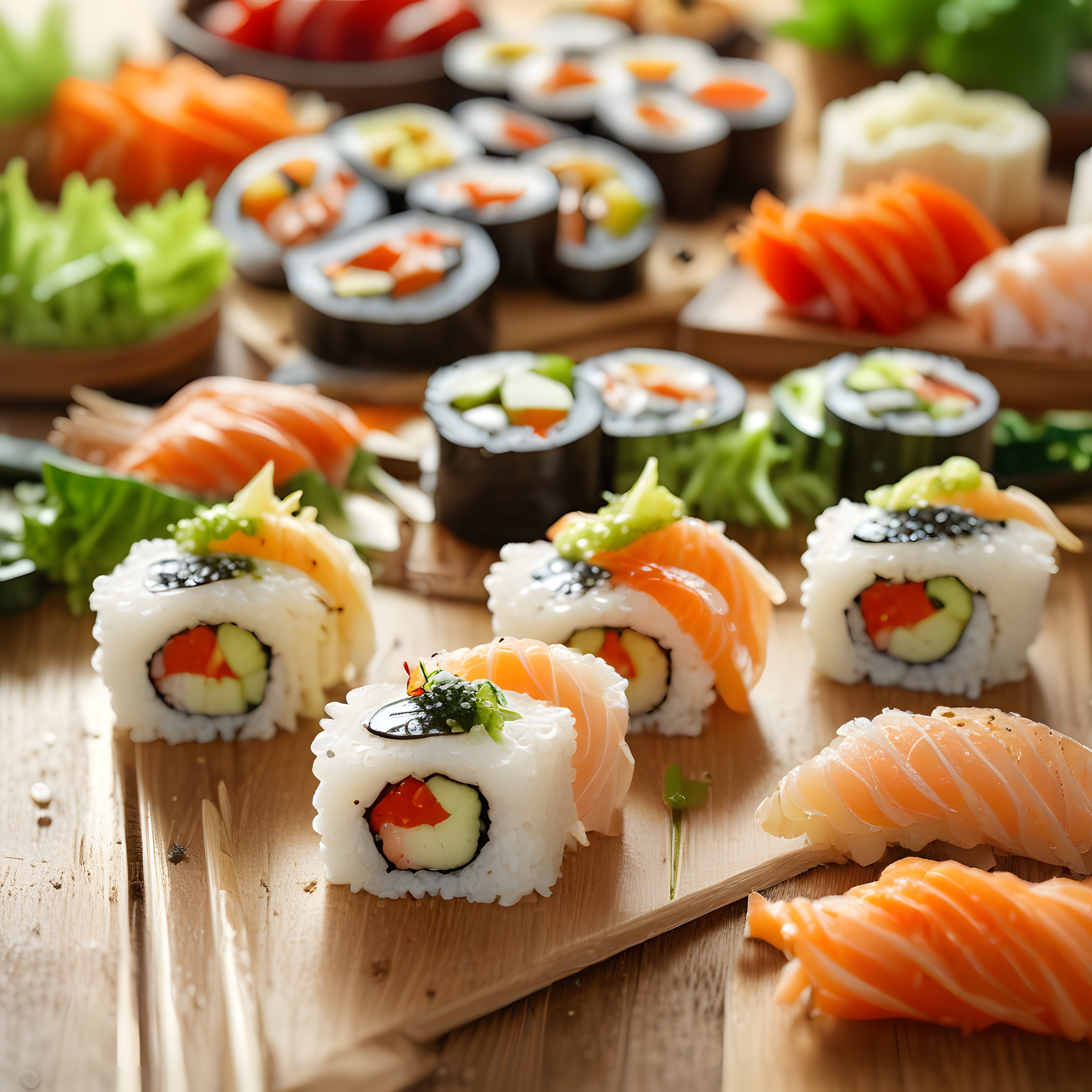 Taze Somonlu Sushi Çeşitleri ve Maki Roll Sunumu Ahşap Tabağa Dizilmiş