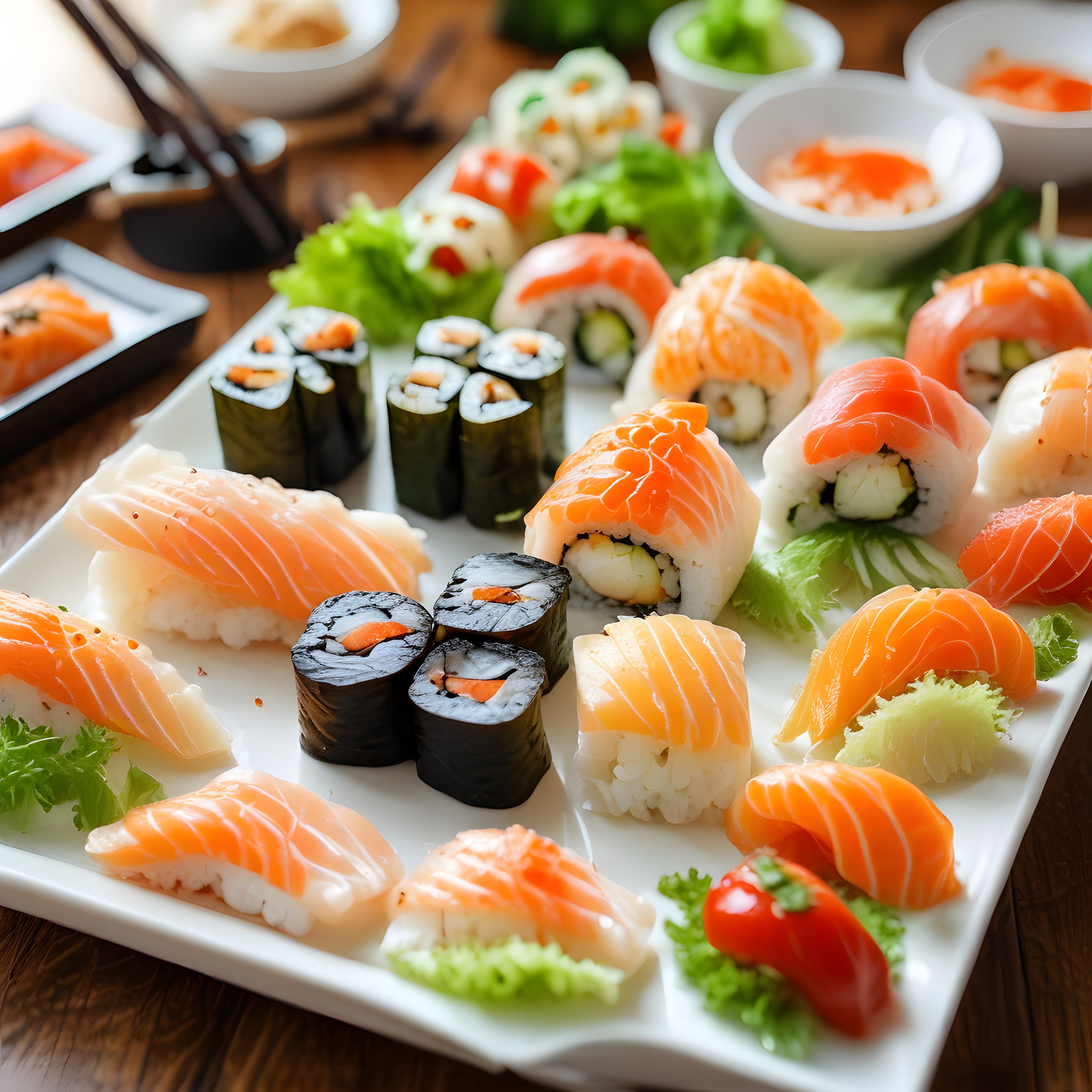 Taze Somonlu Sushi Çeşitleri ve Maki Rulolarıyla Şık Bir Japon Mutfağı Sunumu