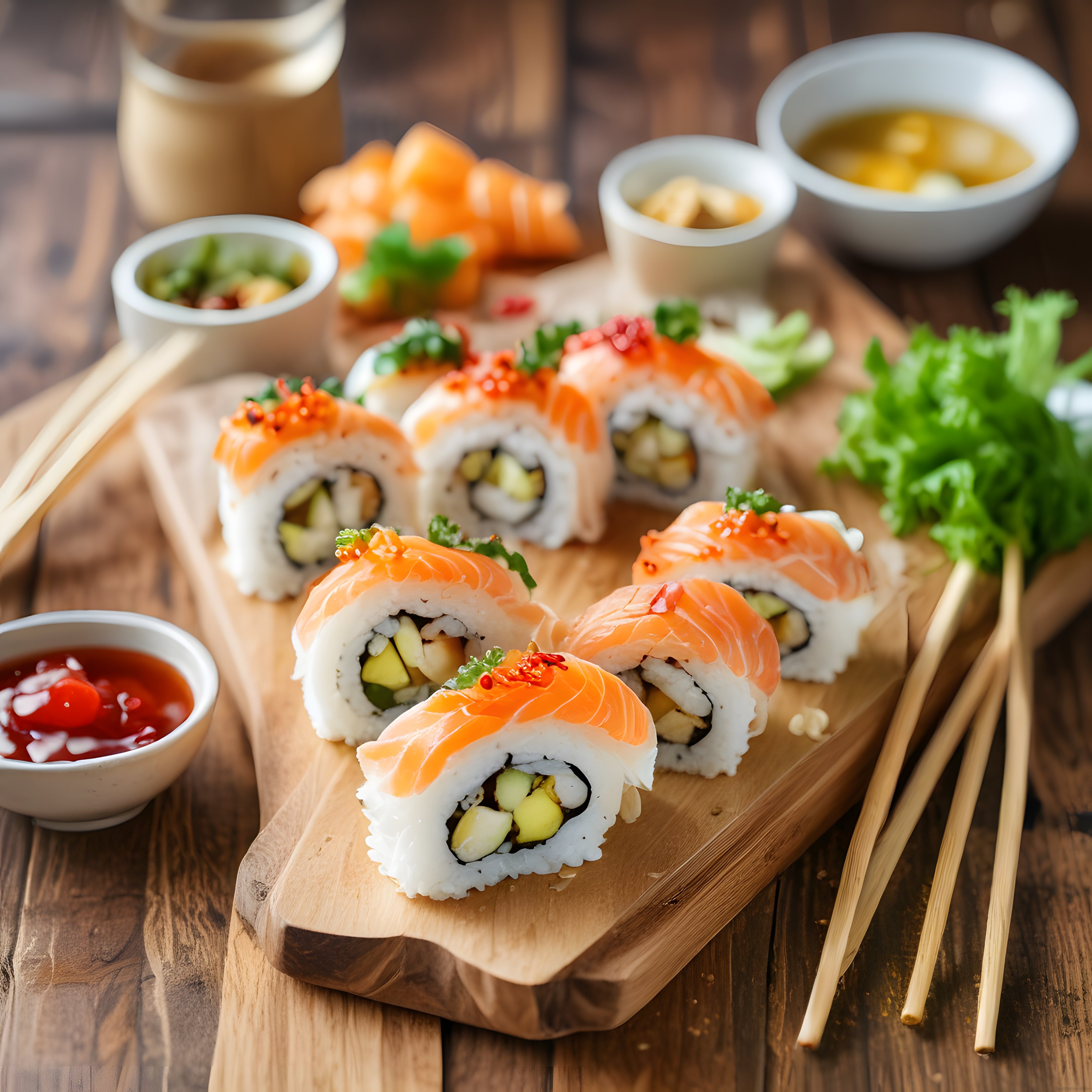 Taze Somonlu Sushi Roll Sunumu ve Japon Mutfağından Lezzetli Dokunuşlar