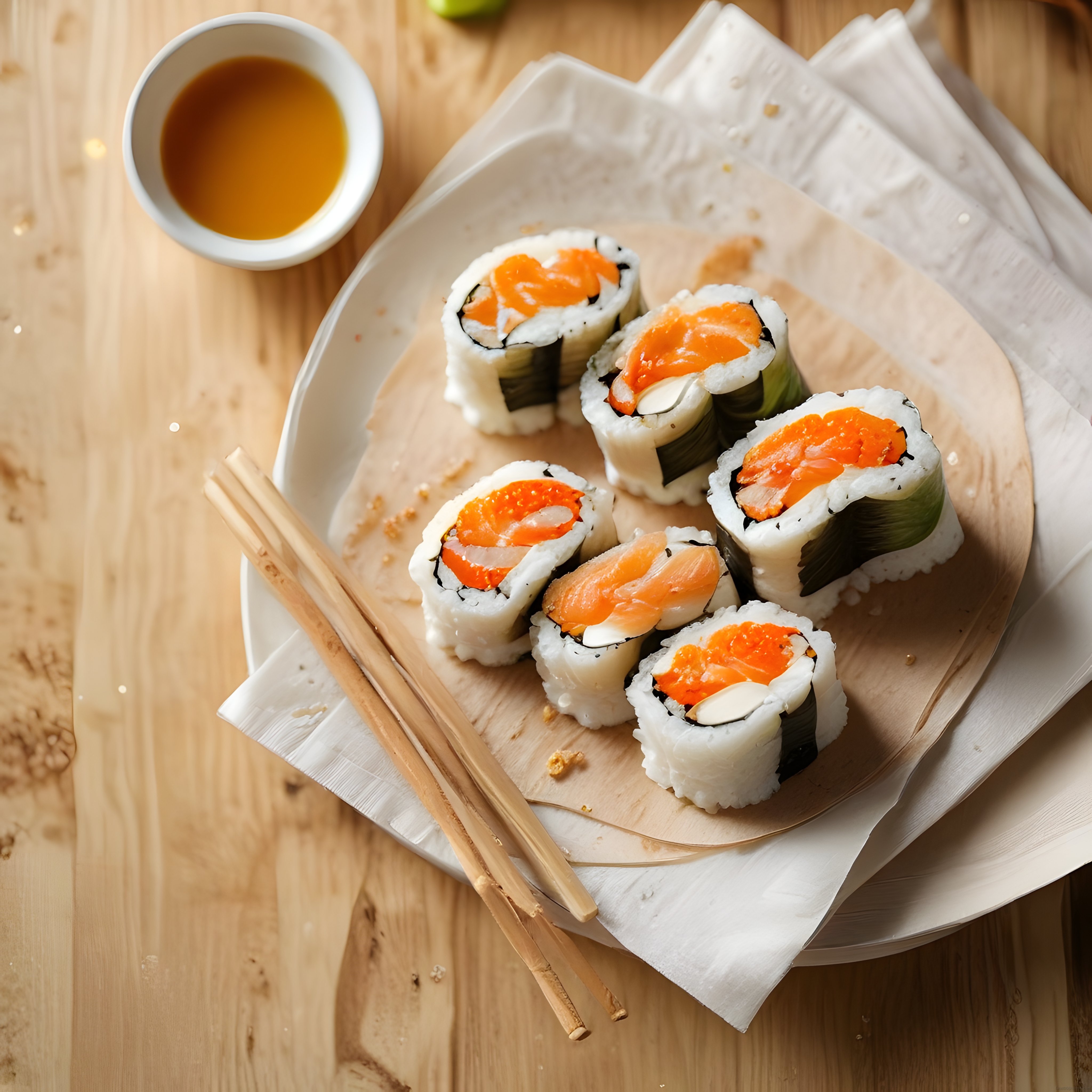 Taze Somonlu Sushi Ruloları: Doğal Ahşap Sunum ve Soya Sosu Eşliğinde