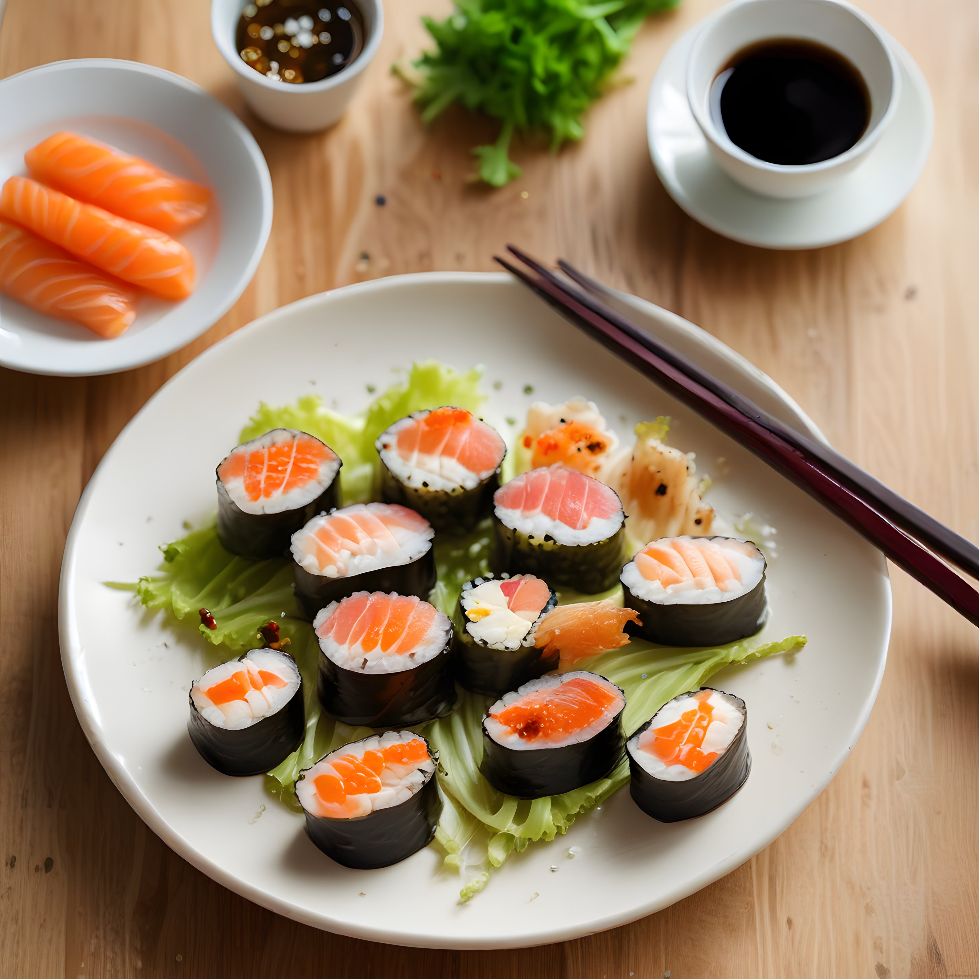 Taze somonlu sushi, soya sosu ve çubuklarla ahşap masada şık Japon sunumu