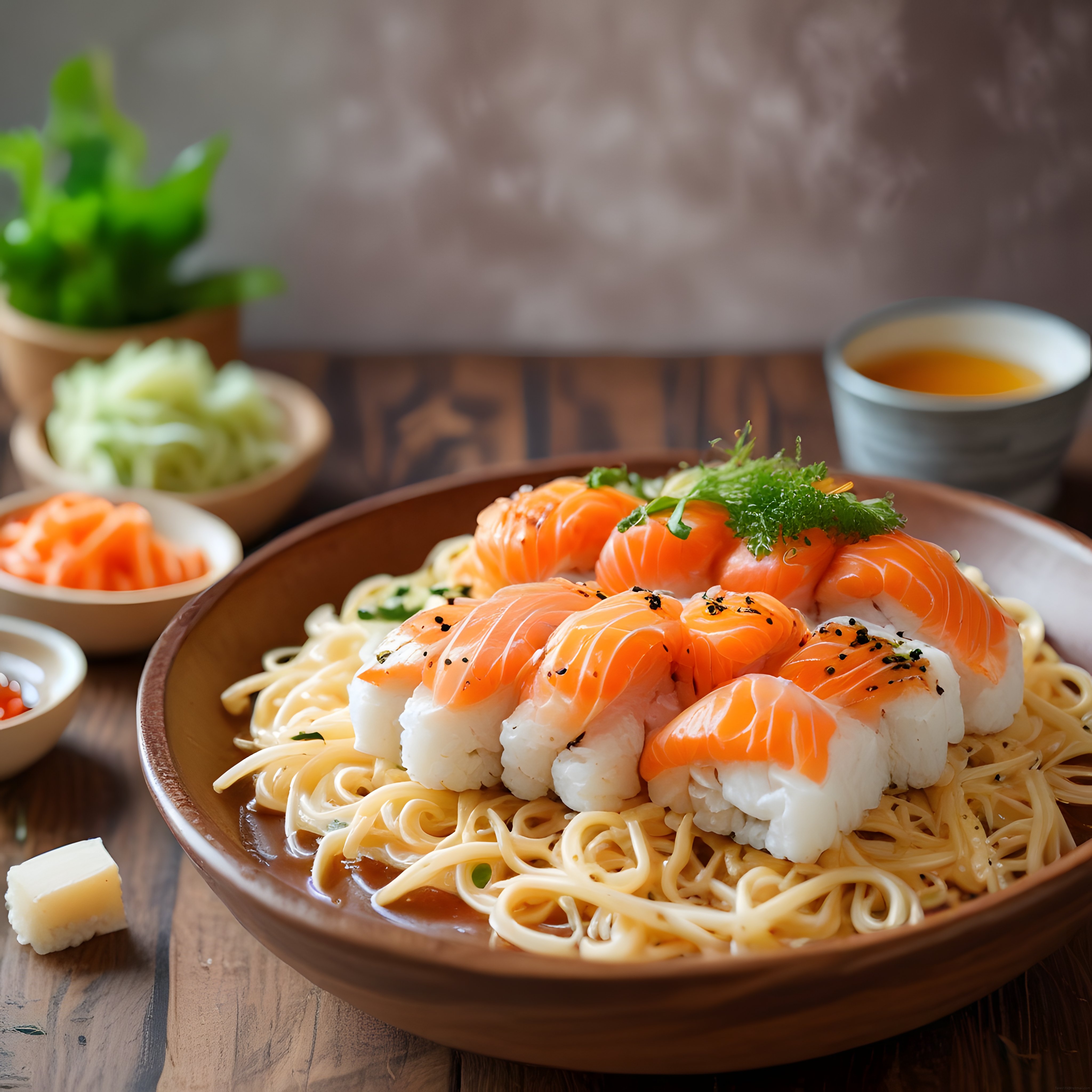 Taze Somonlu Sushi ve Makarna Füzyonu: Rustik Sunum ile Lezzet Dolu Bir Tabak